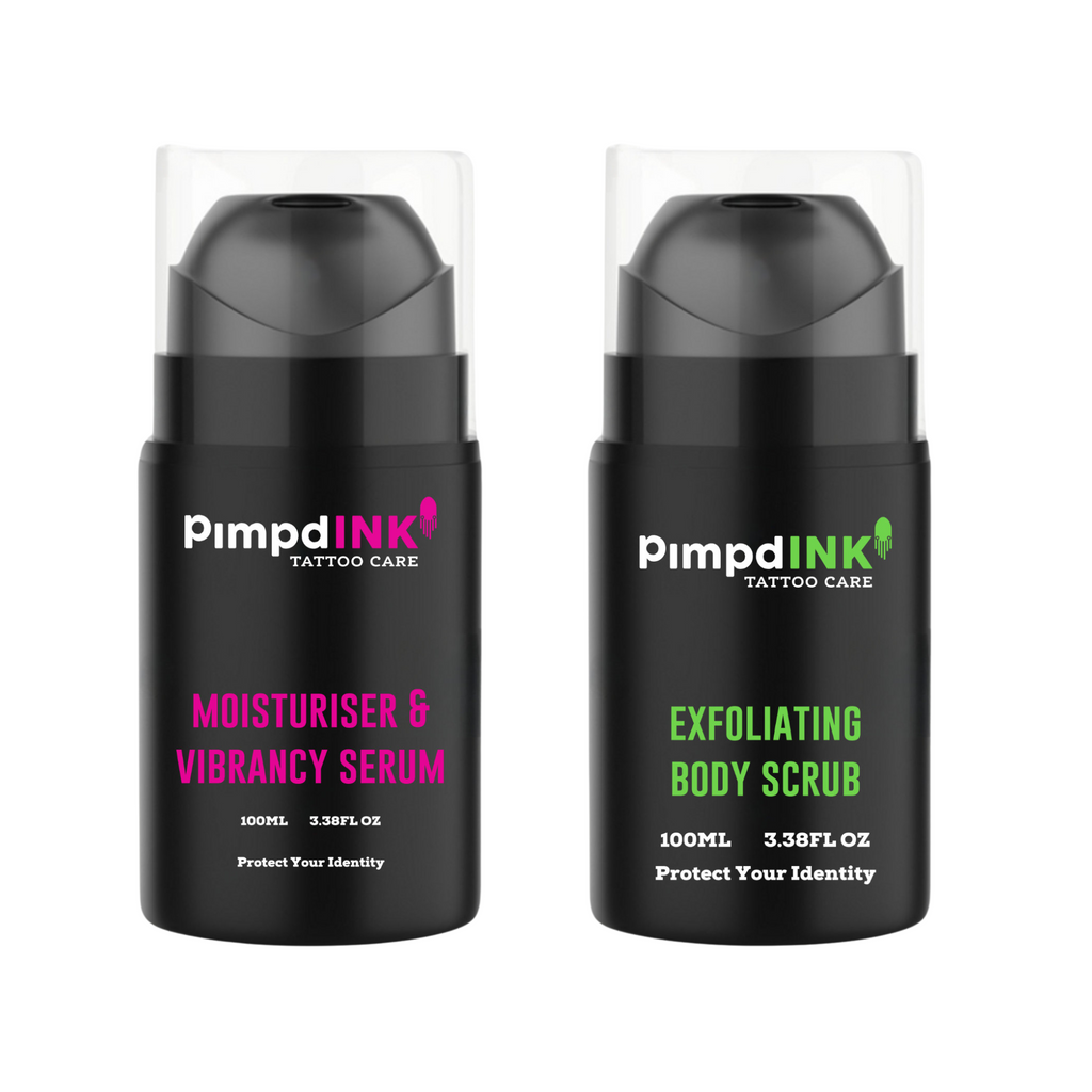 Tattoo-care Bundle, Moisturiser & Vibrancy Serum + Exfoliating Body Scrub | 100ml Airless Pumps