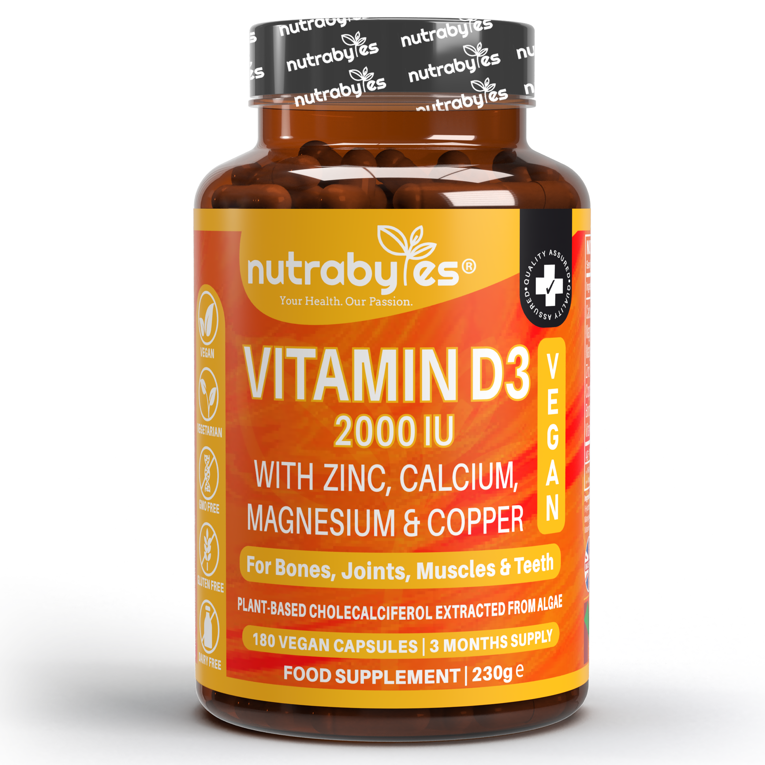Vegan Vitamin D3 2000 IU with Calcium, Magnesium & Zinc – 180 Capsules