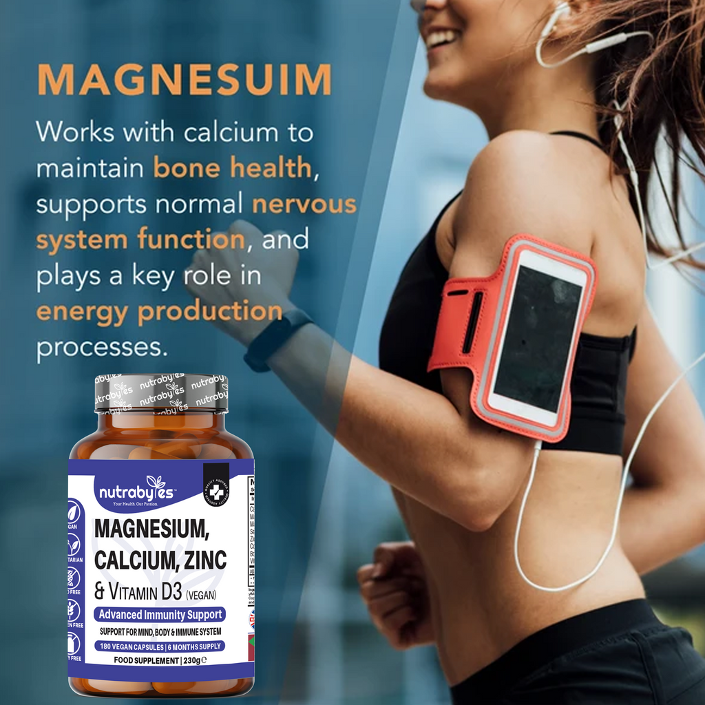 Magnesium, Calcium, Zinc & Vitamin D3 (Vegan D3) - Advanced Immunity Support, 6 Months Supply | Made in the UK