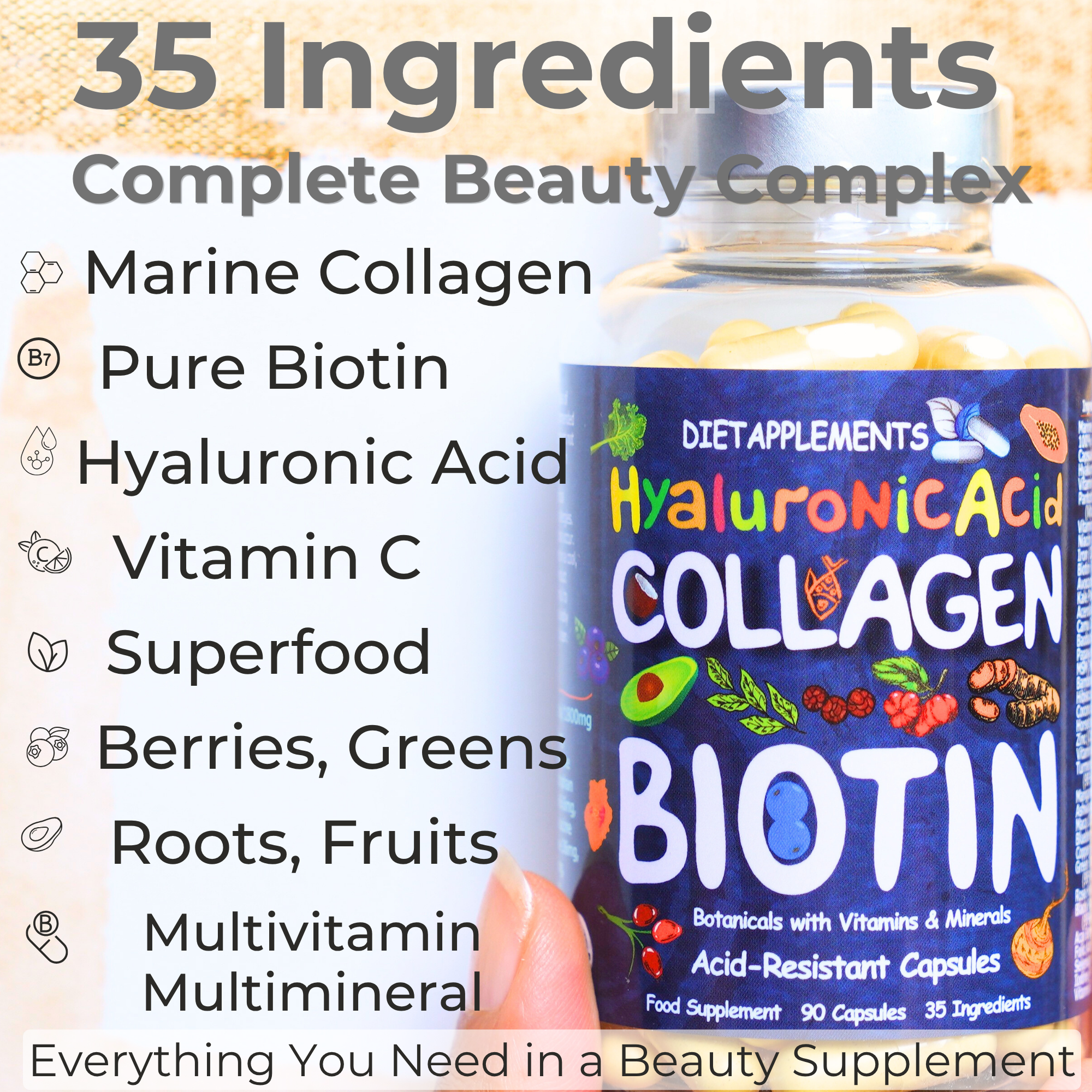 Marine Collagen, Hyaluronic Acid, Biotin, Vitamins, Minerals & Superfood - 35 Ingredients
