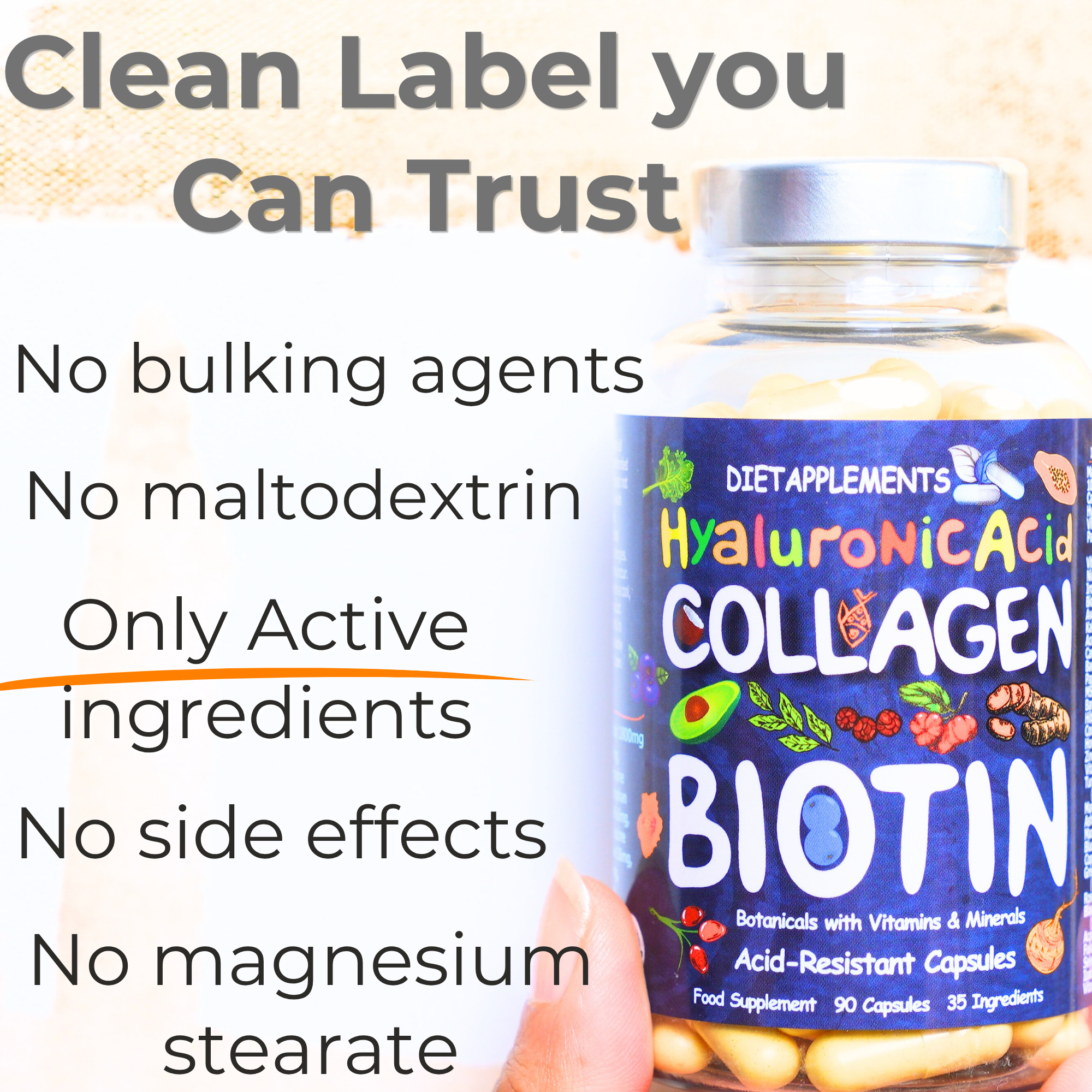 Marine Collagen, Hyaluronic Acid, Biotin, Vitamins, Minerals & Superfood - 35 Ingredients