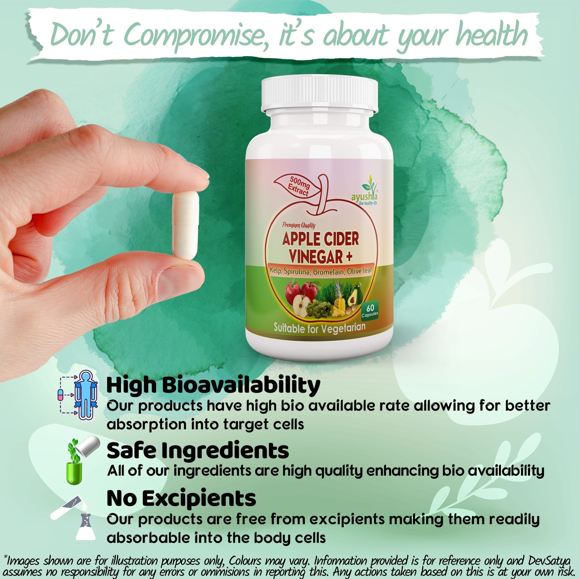 Ayushya Apple Cider Vinegar Capsules (ACV) with Kelp, Spirulina, Bromelain, Olive Leaf Digestive & Metabolic Wellness Support - Vegan, Gluten Free, Non-GMO, 60 Capsules