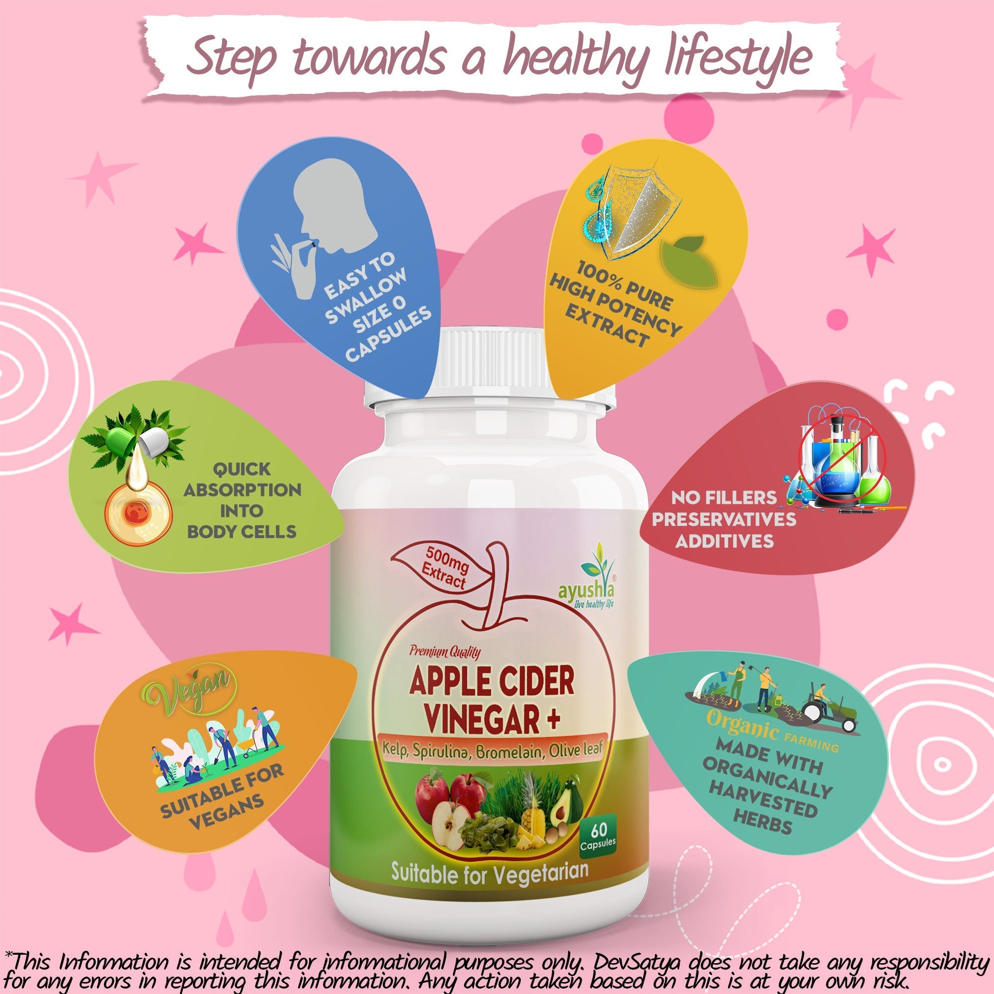 Ayushya Apple Cider Vinegar Capsules (ACV) with Kelp, Spirulina, Bromelain, Olive Leaf Digestive & Metabolic Wellness Support - Vegan, Gluten Free, Non-GMO, 60 Capsules