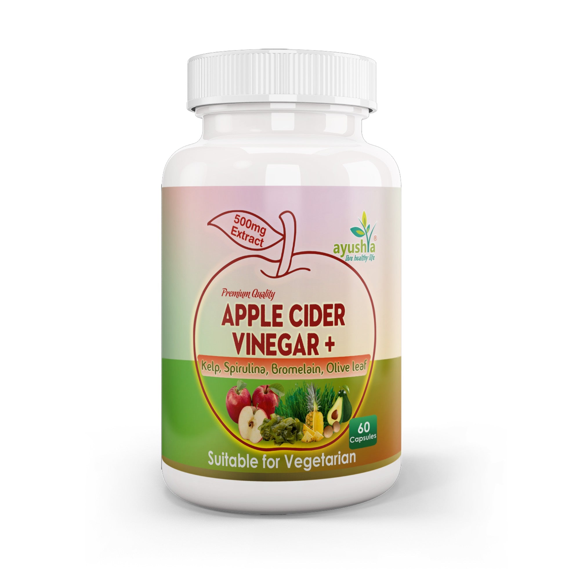 Ayushya Apple Cider Vinegar Capsules (ACV) with Kelp, Spirulina, Bromelain, Olive Leaf Digestive & Metabolic Wellness Support - Vegan, Gluten Free, Non-GMO, 60 Capsules