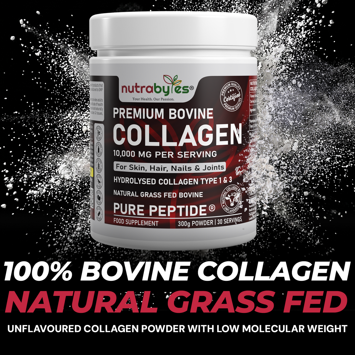 Premium Bovine Collagen Supplement Powder, 10,000 mg Pure Hydrolysed Collagen Peptides, Blended with 19 Amino Acids, Unflavoured Collagen Protein Powder Types 1 and 3, Halal & Kosher