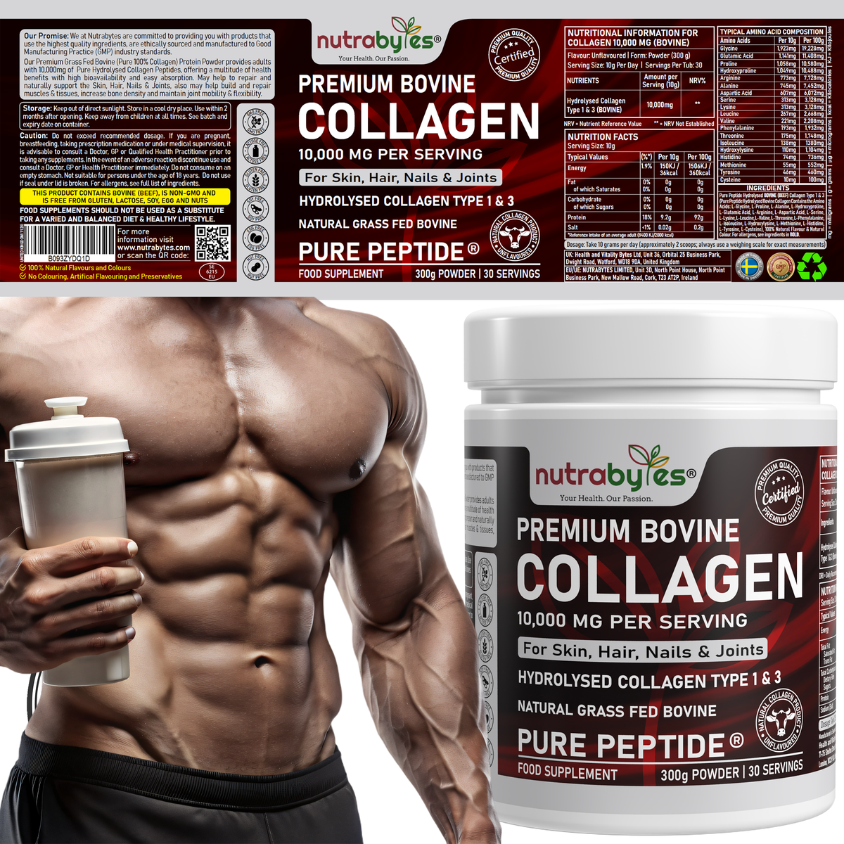 Premium Bovine Collagen Supplement Powder, 10,000 mg Pure Hydrolysed Collagen Peptides, Blended with 19 Amino Acids, Unflavoured Collagen Protein Powder Types 1 and 3, Halal & Kosher