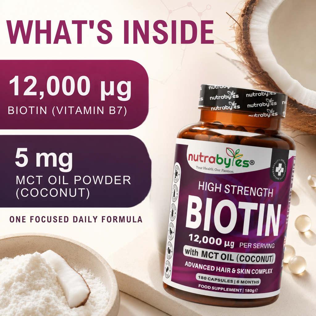 High Strength Biotin 12000mcg with MCT Oil (Coconut) | 180 Capsules (6 months) | Hair & Skin | Made in the UK
