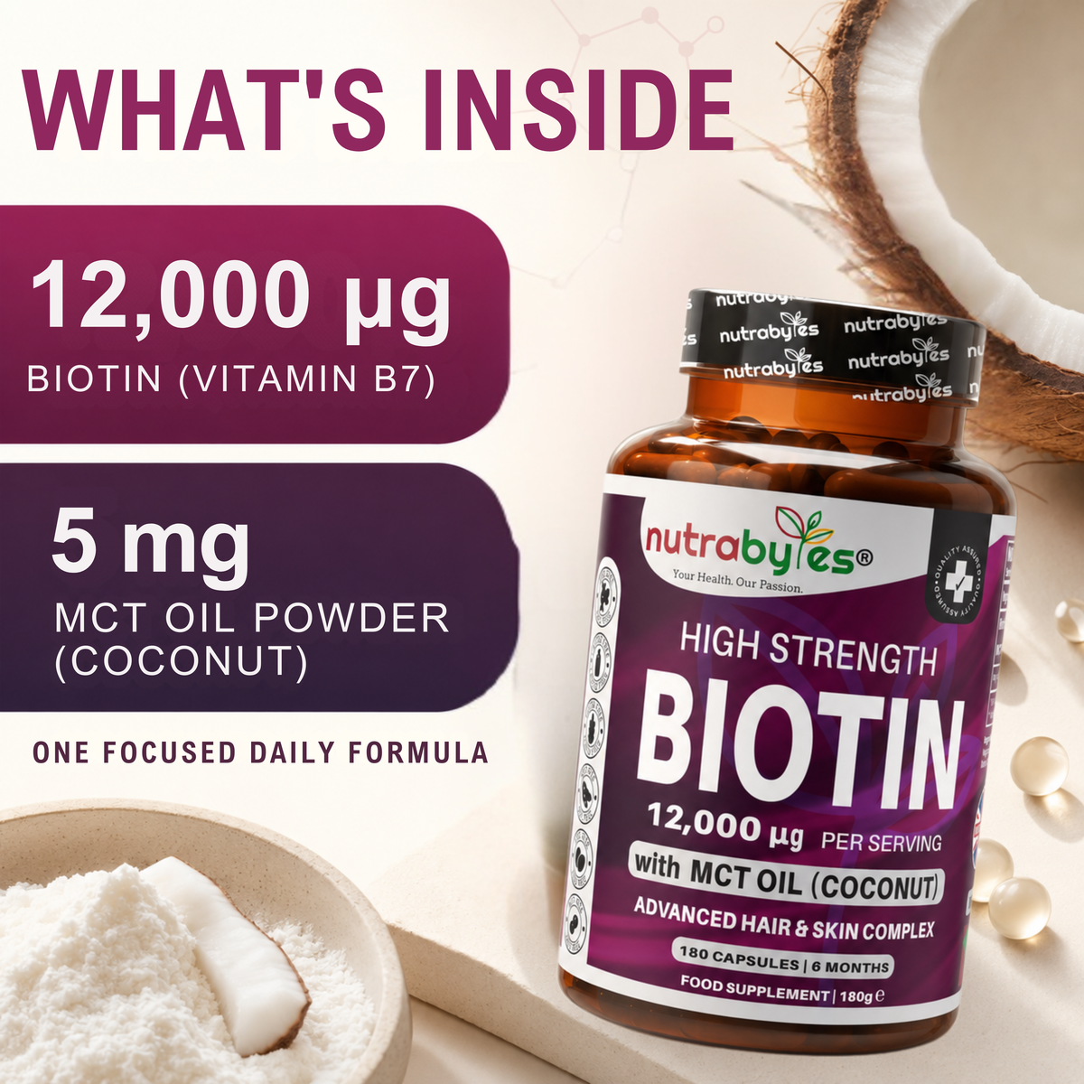 High Strength Biotin 12000mcg with MCT Oil (Coconut) | 180 Capsules (6 months) | Hair & Skin | Made in the UK