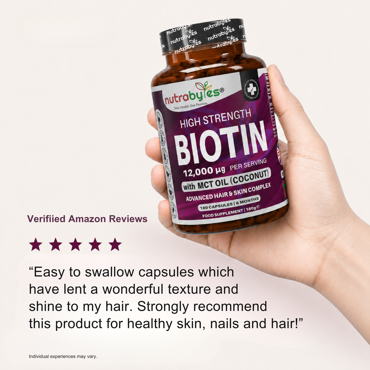 High Strength Biotin 12000mcg with MCT Oil (Coconut) | 180 Capsules (6 months) | Hair & Skin | Made in the UK