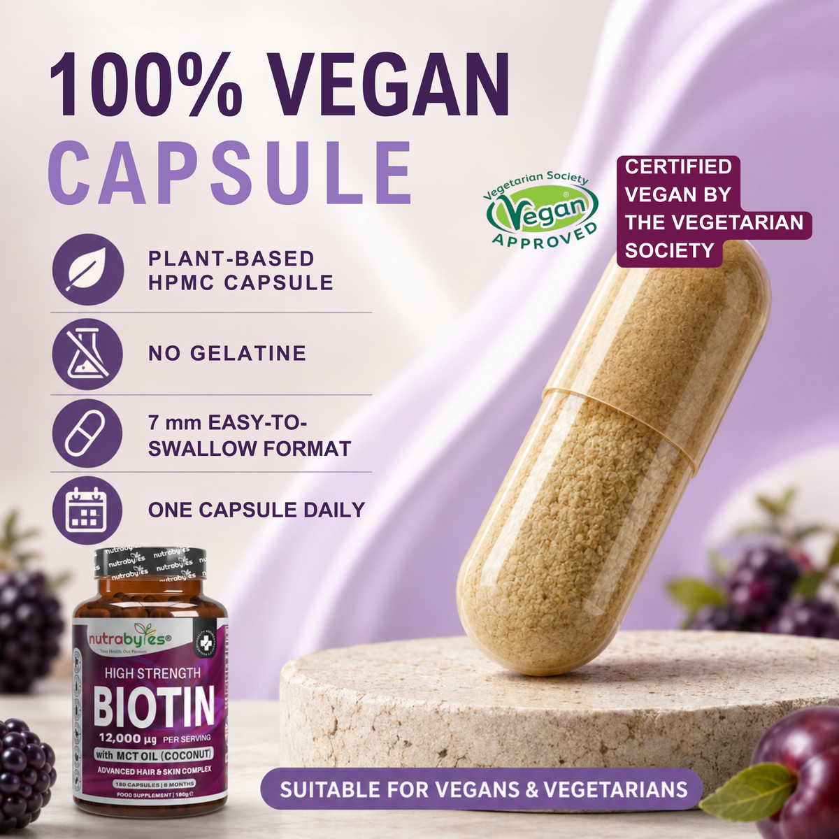 High Strength Biotin 12000mcg with MCT Oil (Coconut) | 180 Capsules (6 months) | Hair & Skin | Made in the UK