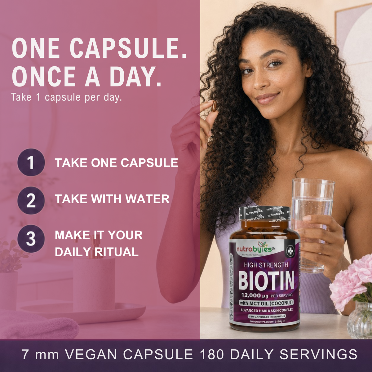 High Strength Biotin 12000mcg with MCT Oil (Coconut) | 180 Capsules (6 months) | Hair & Skin | Made in the UK