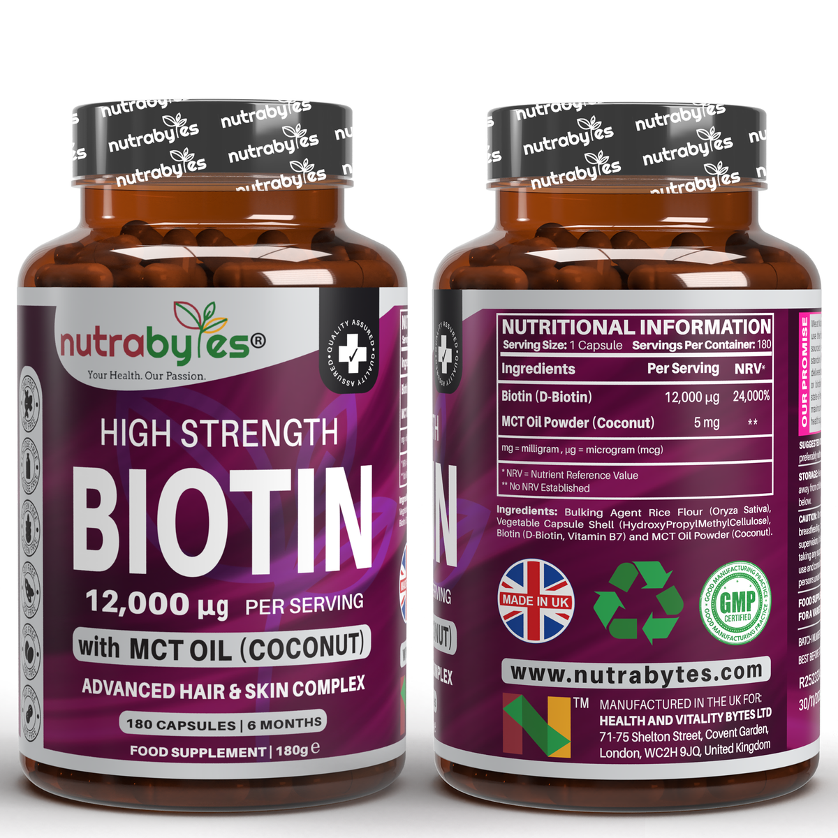 High Strength Biotin 12000mcg with MCT Oil (Coconut) | 180 Capsules (6 months) | Hair & Skin | Made in the UK
