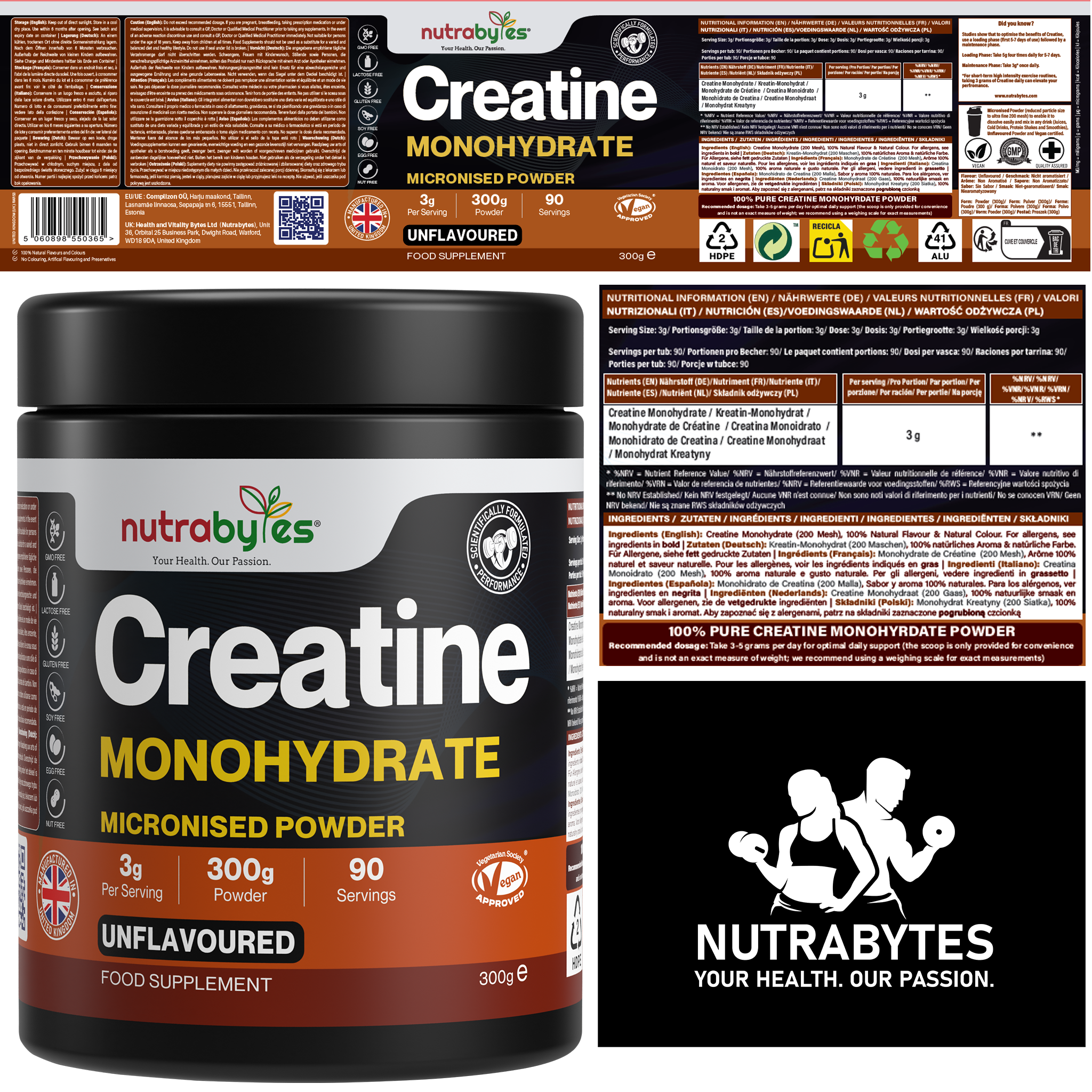 Creatine Monohydrate Powder 300g (100 Servings) – Pure Micronised Creatine Powder Supplement for Men & Women, Pre & Post Workout Strength, Muscle Growth & Recovery, Vegan – Unflavoured