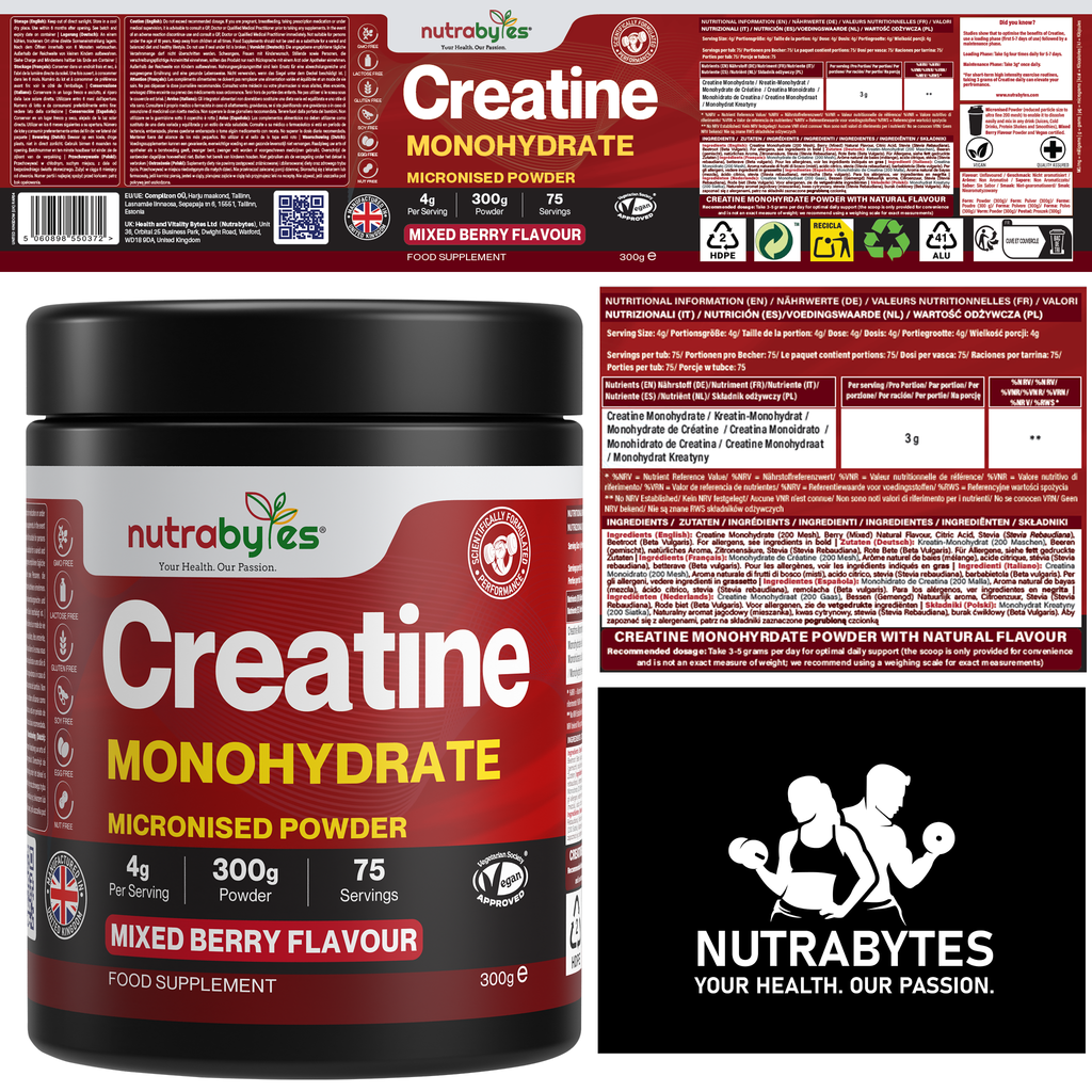 Flavoured Creatine Monohydrate Powder 300g (75 Servings) – Micronised Creatine Powder | Supplement for Women & Men | Vegan Certified