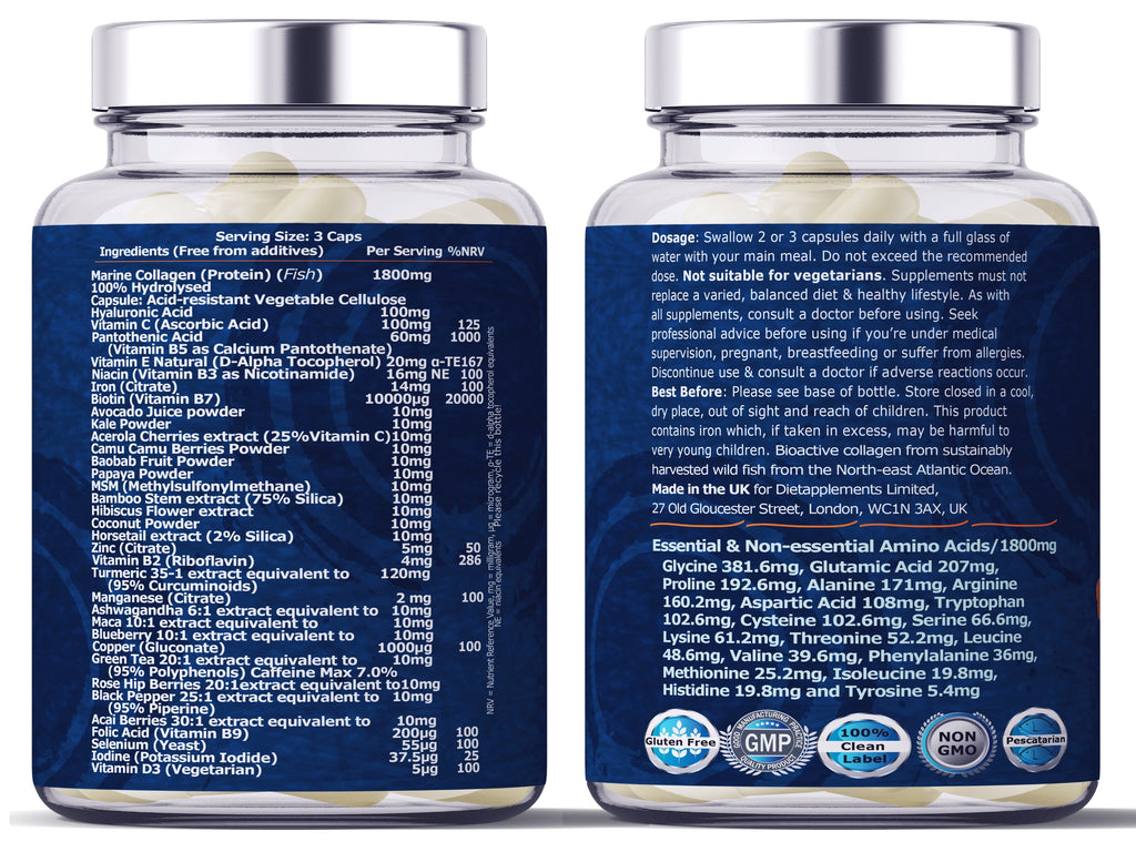 Marine Collagen, Hyaluronic Acid, Biotin, Vitamins, Minerals & Superfood - 35 Ingredients