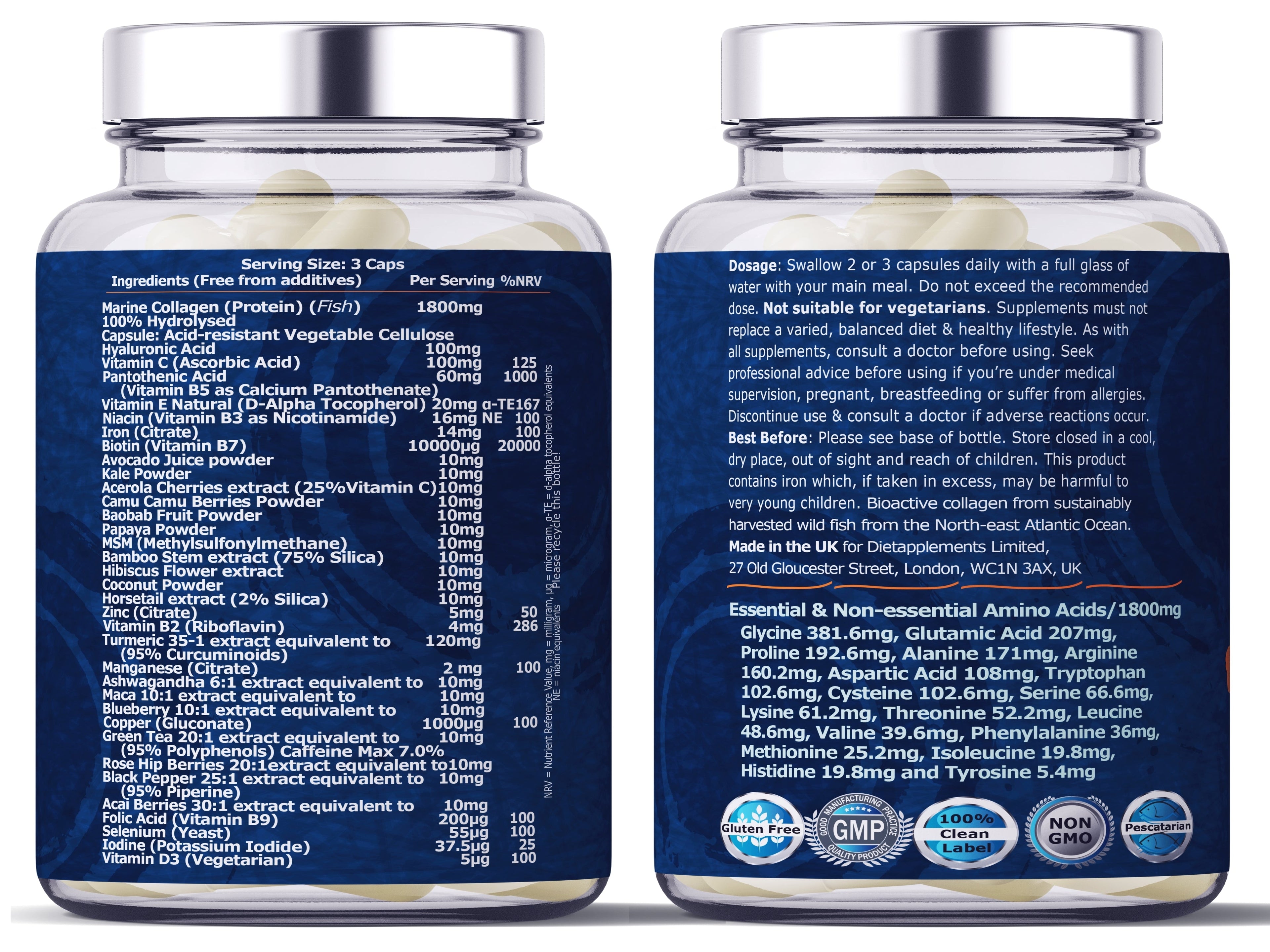 Marine Collagen, Hyaluronic Acid, Biotin, Vitamins, Minerals & Superfood - 35 Ingredients