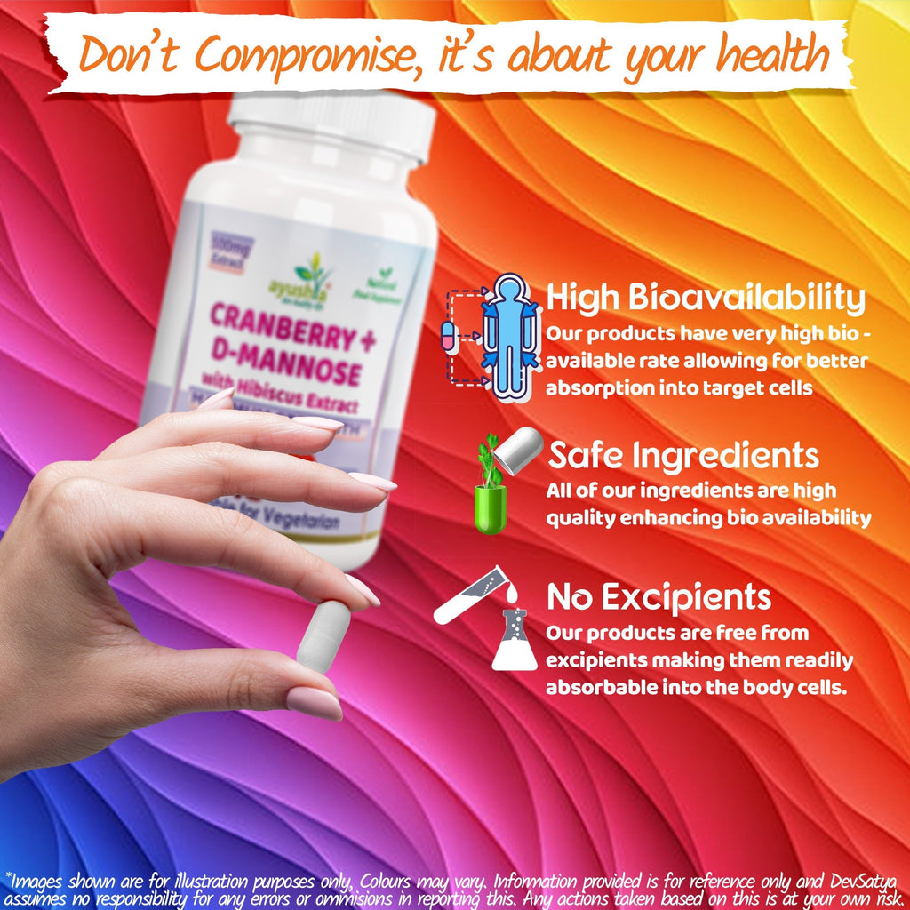 Ayushya Cranberry D-Mannose with Hibiscus Capsules Urinary UTI Bladder Wellness Support Cystitis - Vegan, Gluten Free, Non-GMO, 60 Capsules
