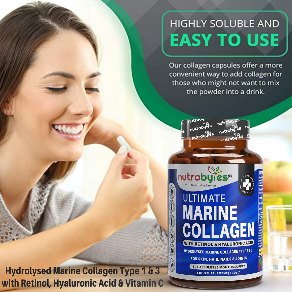 Marine Collagen Capsules Types 1 & 3 with Hyaluronic Acid & Vitamin C | 180 Capsules | 3-Month Supply | UK Made
