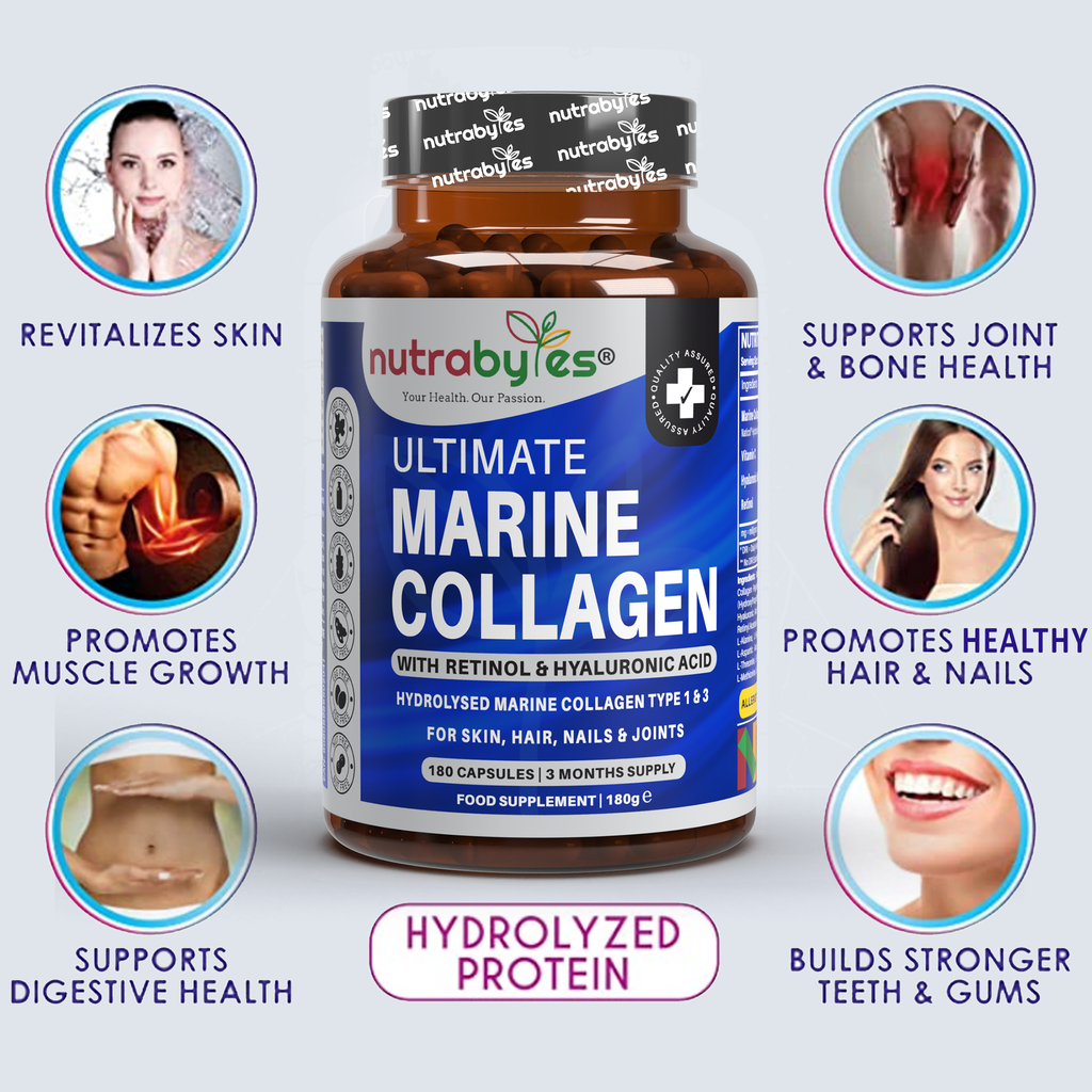 Marine Collagen Capsules Types 1 & 3 with Hyaluronic Acid & Vitamin C | 180 Capsules | 3-Month Supply | UK Made