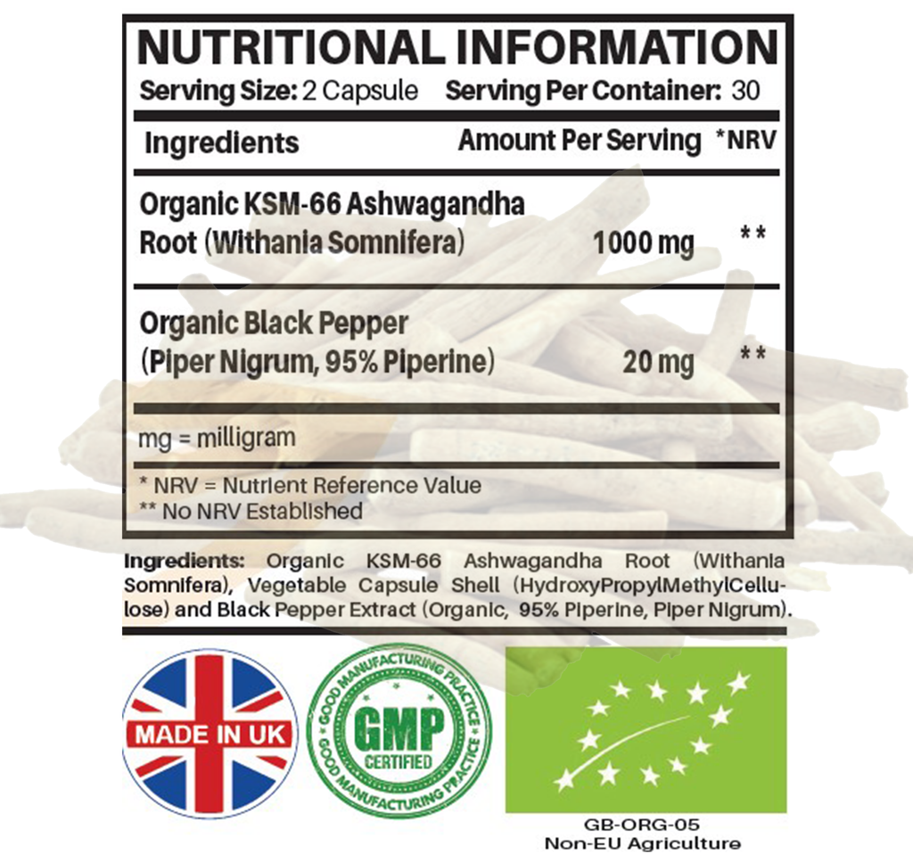 Organic Ashwagandha KSM66 1000mg with Black Pepper
