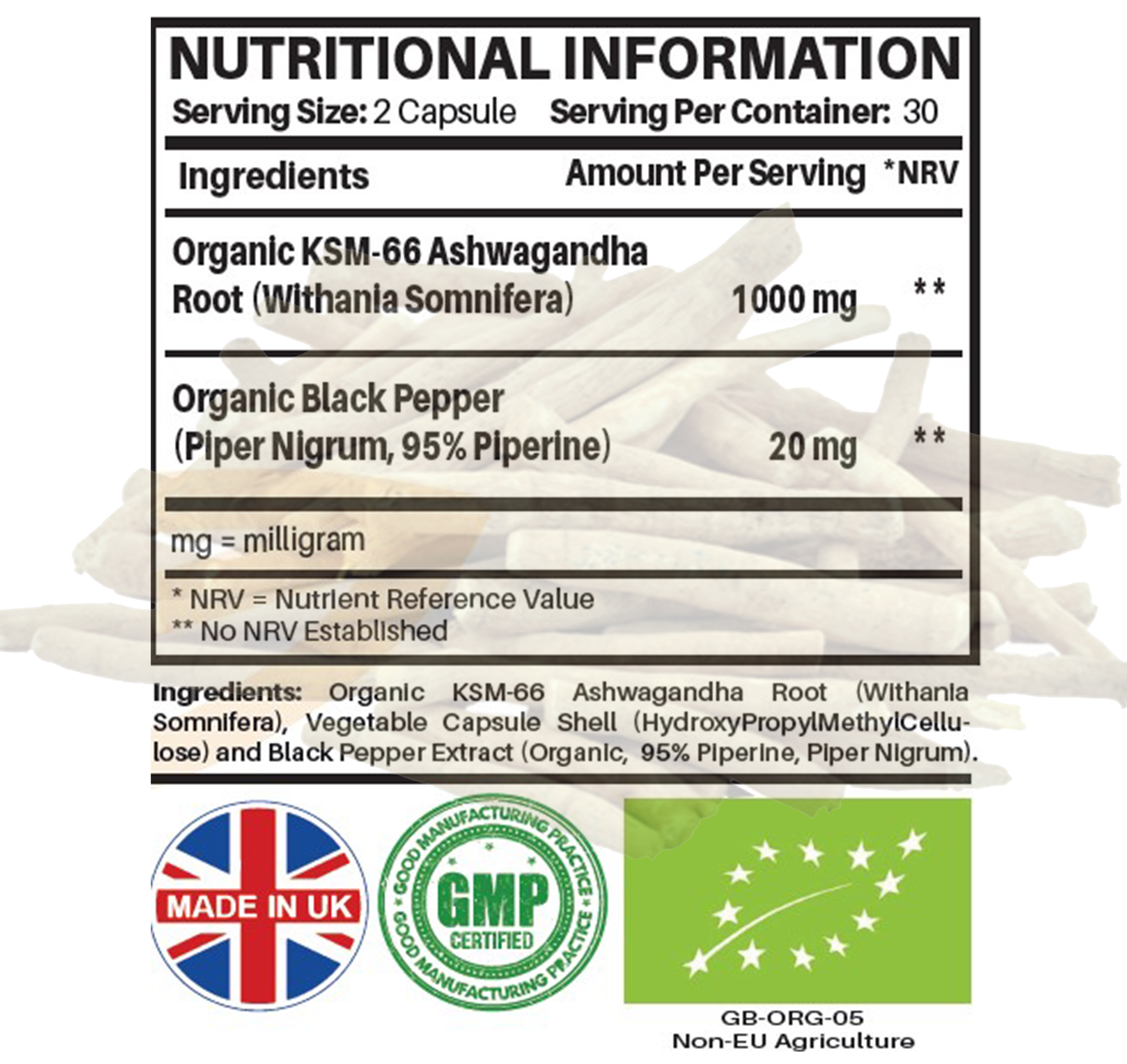 Organic Ashwagandha KSM66 1000mg with Black Pepper