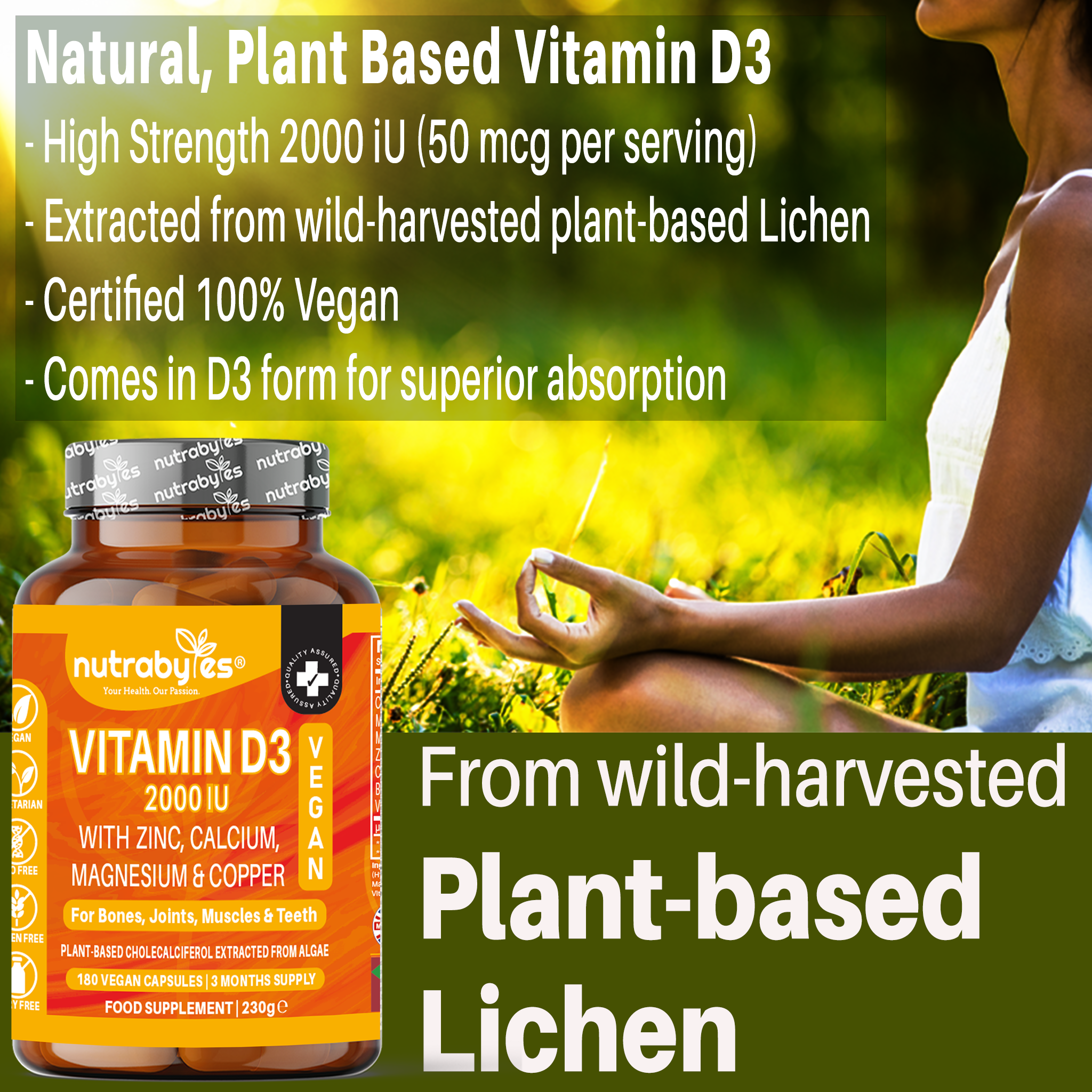 Vegan Vitamin D3 2000 IU with Calcium, Magnesium & Zinc – 180 Capsules