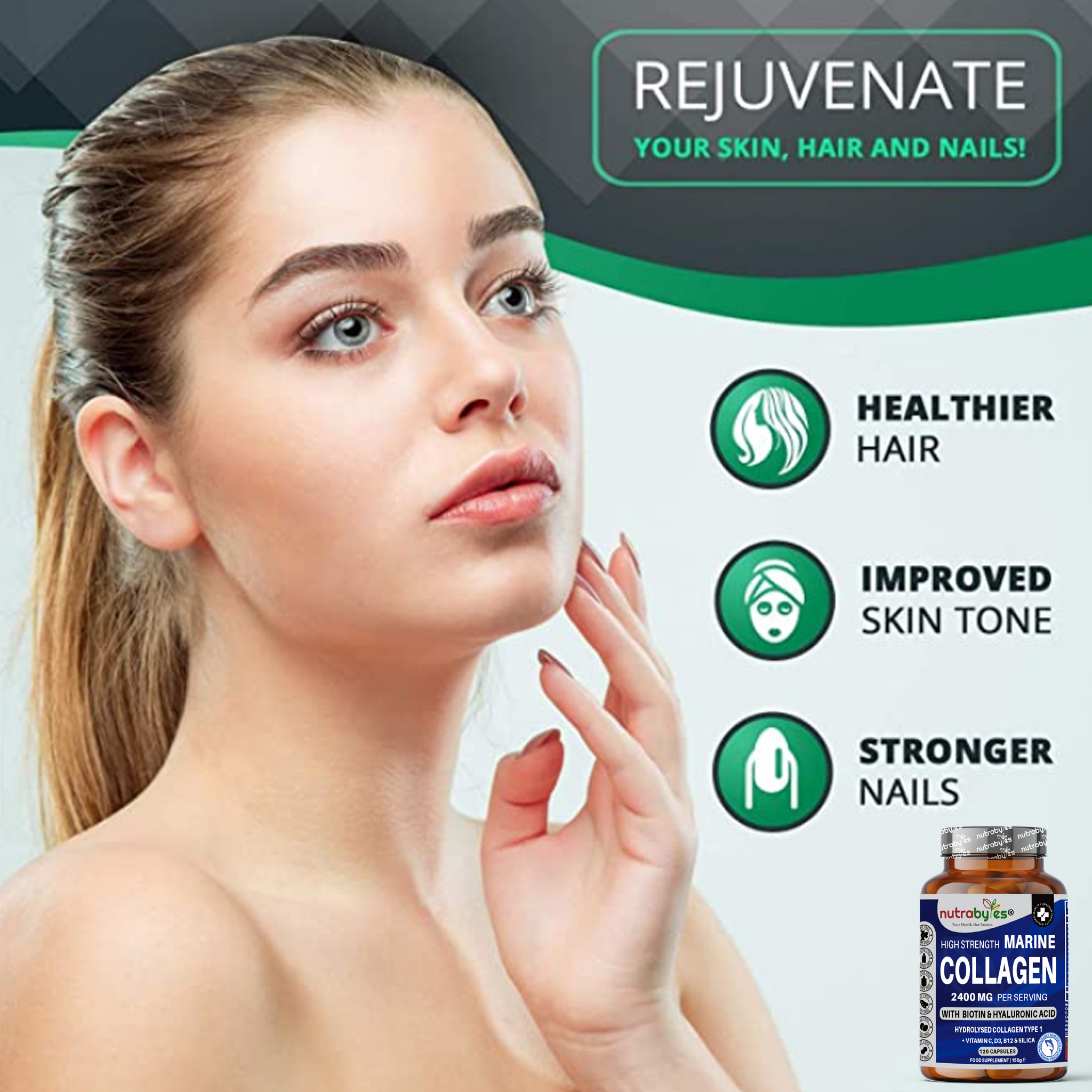 High Strength Marine Collagen Capsules 2400mg | 120 Capsules with Vitamin C, Hyaluronic Acid & Biotin | Made in UK