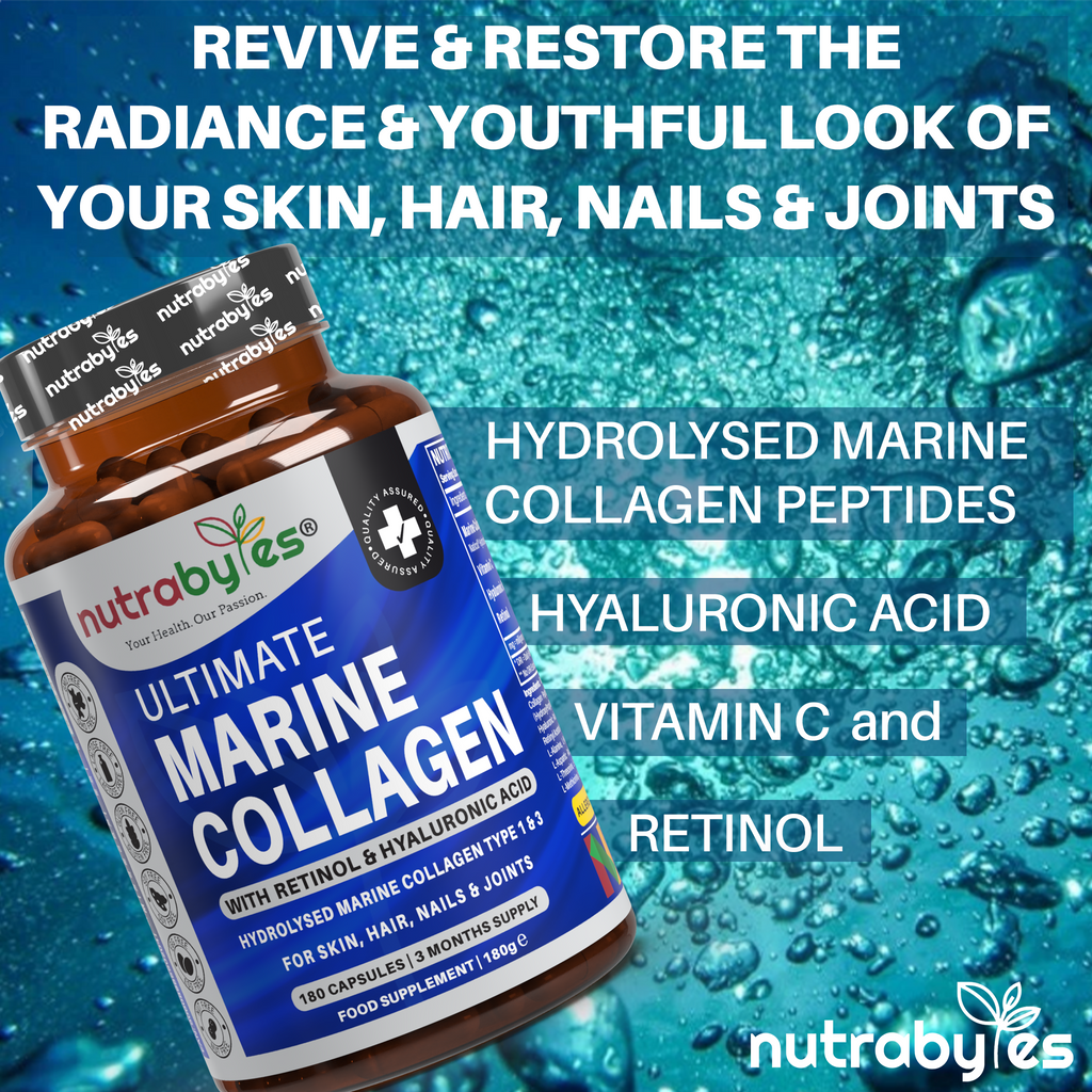 Marine Collagen Capsules Types 1 & 3 with Hyaluronic Acid & Vitamin C | 180 Capsules | 3-Month Supply | UK Made