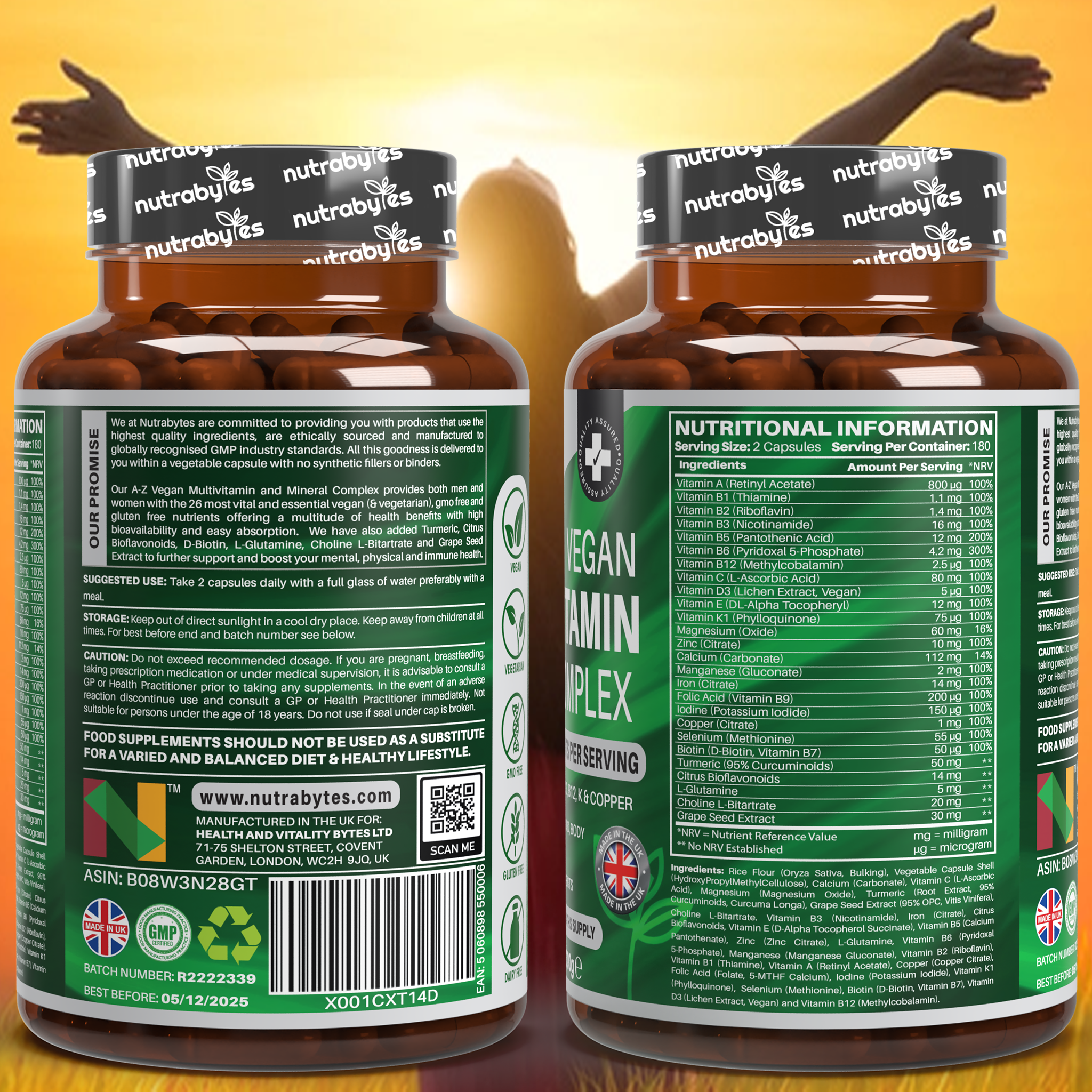 Vegan A-Z Multivitamin & Mineral Complex (26 Essential Nutrients), 360 Capsules (6 months) | Healthy Mind, Body and Immune System | Made in the UK
