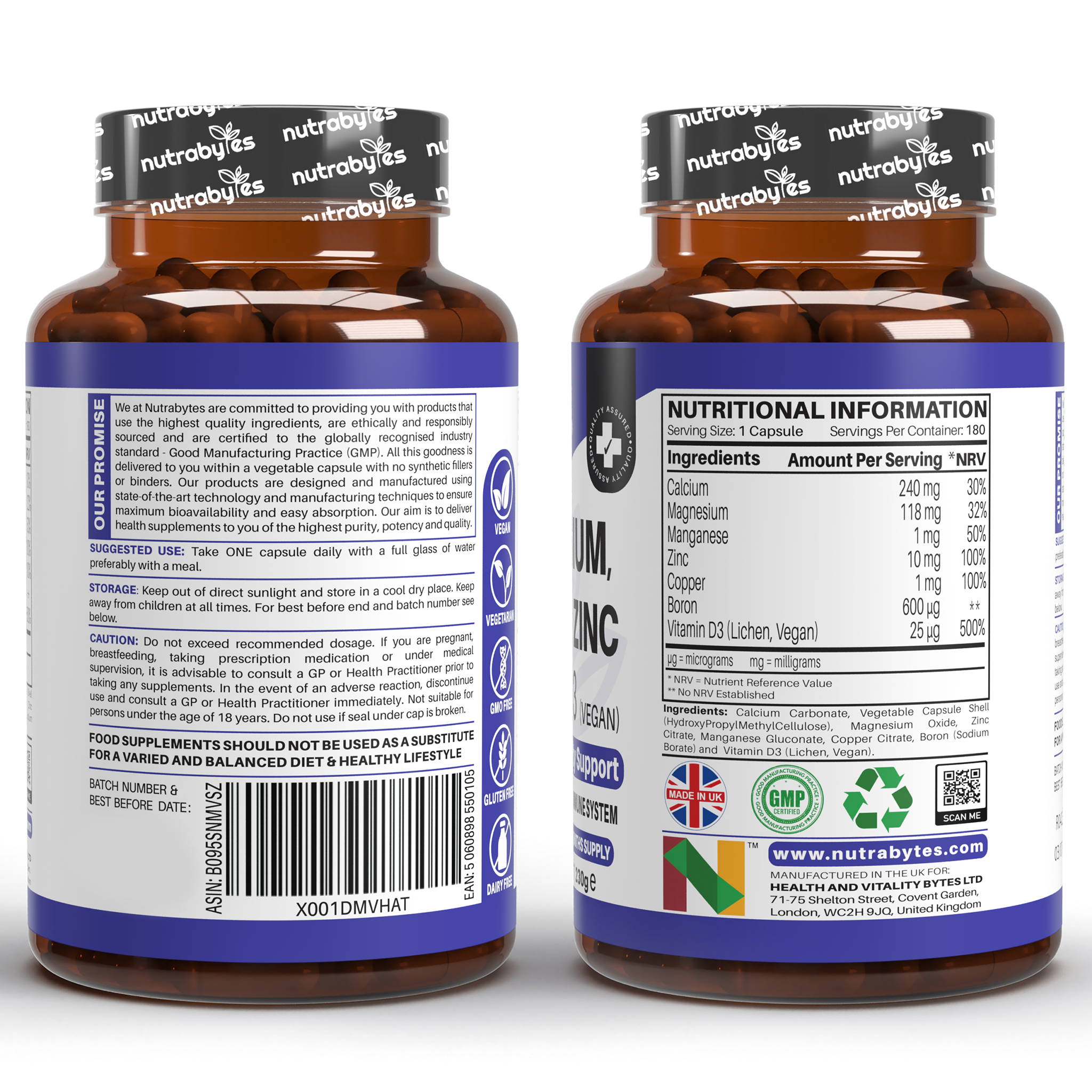 Magnesium, Calcium, Zinc & Vitamin D3 (Vegan D3) - Advanced Immunity Support, 6 Months Supply | Made in the UK