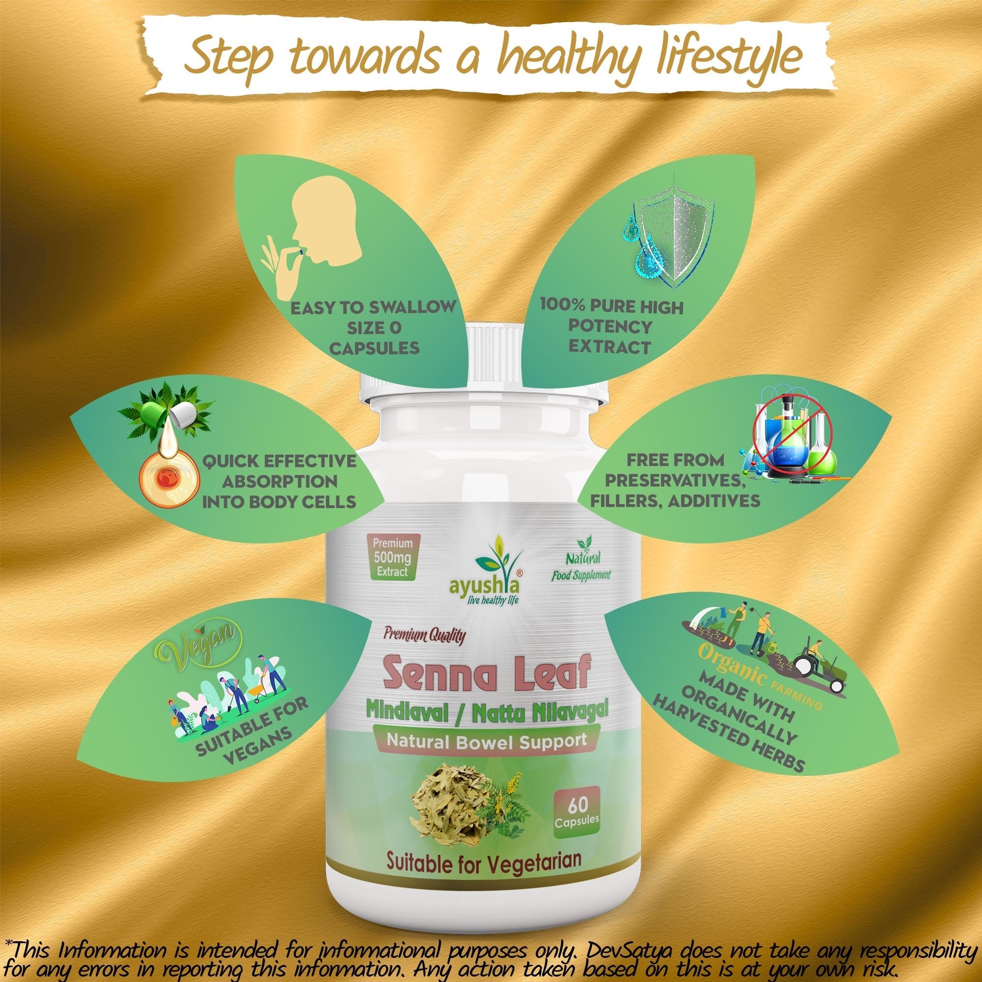 Ayushya Senna Leaf (Cassia angustifolia) Capsules Digestive Regularity Support - Vegan, Gluten Free, Non-GMO, 60 Capsules