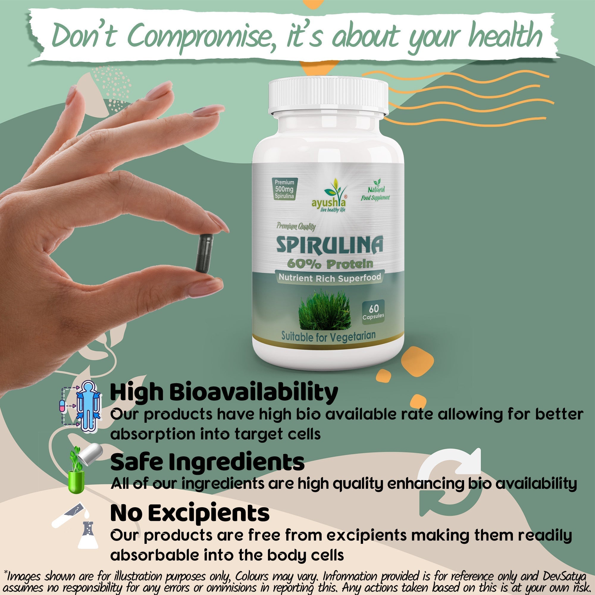 Spirulina Capsules (Blue-Green Algae) – Vegan, 60 Capsules
