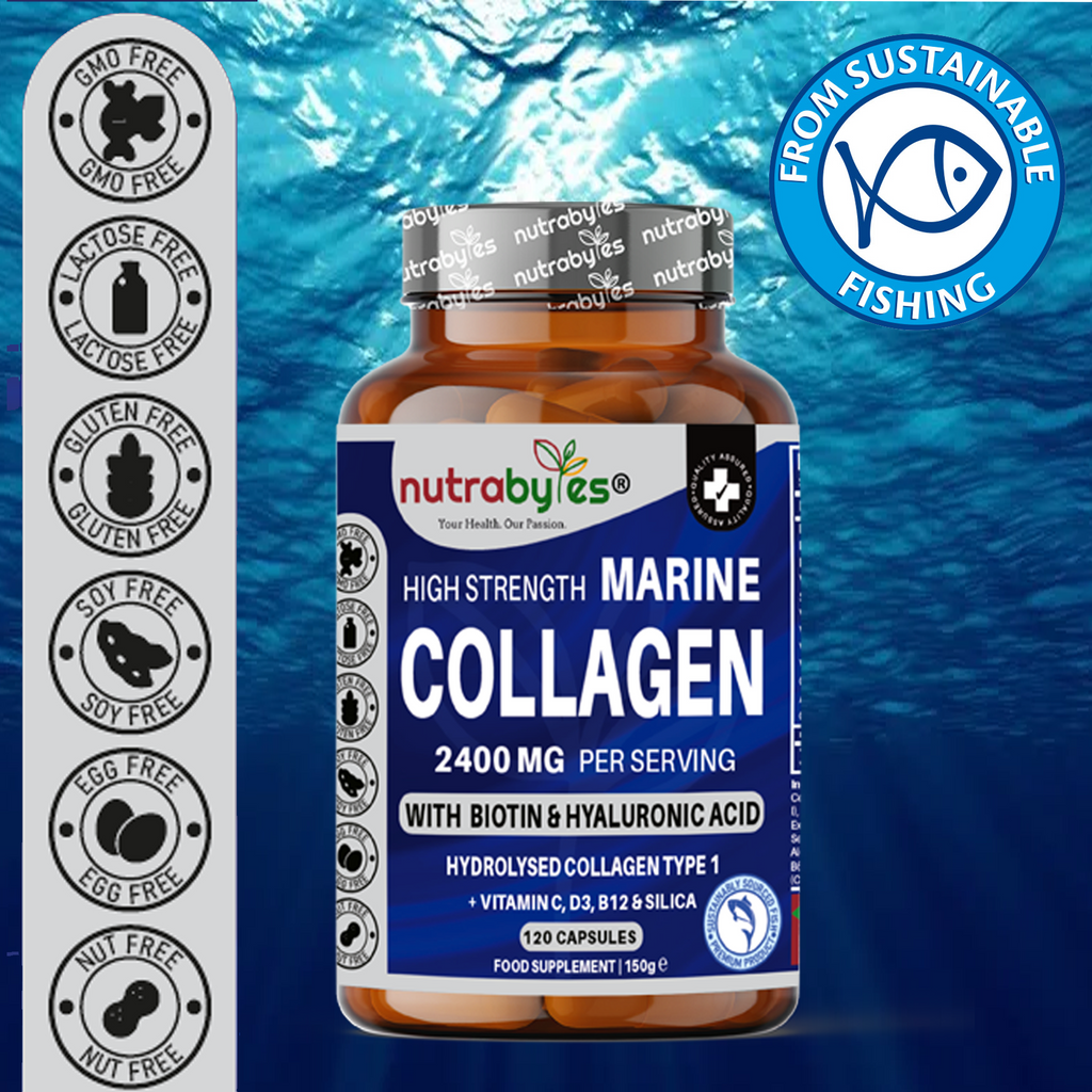 High Strength Marine Collagen Capsules 2400mg | 120 Capsules with Vitamin C, Hyaluronic Acid & Biotin | Made in UK