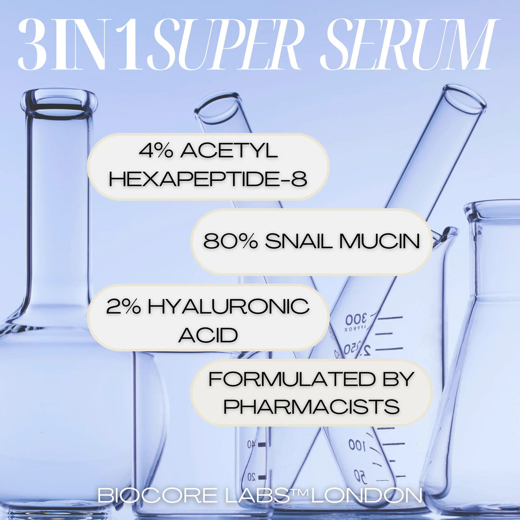 ADVANCED 3 IN 1 SUPER SERUM by BIOCORE LABS™ ANTI AGEING, HYDRATING SNAIL MUCIN WITH ARGIRELINE PEPTIDE and HYALURONIC ACID 100 mL