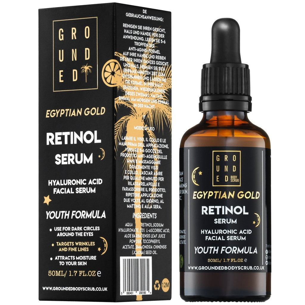 Grounded Beauty Egyptian Gold Retinol Serum with Hyaluronic Acid | 50ml Value Size | Anti Ageing, Fine Lines & Wrinkles.