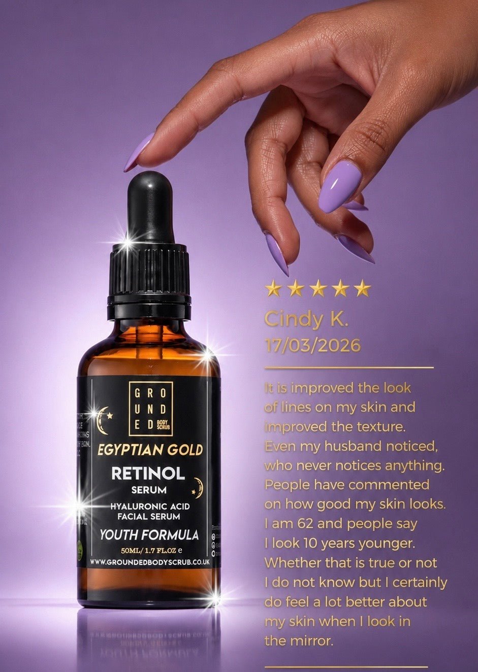 Grounded Beauty Egyptian Gold Retinol Serum with Hyaluronic Acid | 50ml Value Size | Anti Ageing, Fine Lines & Wrinkles.