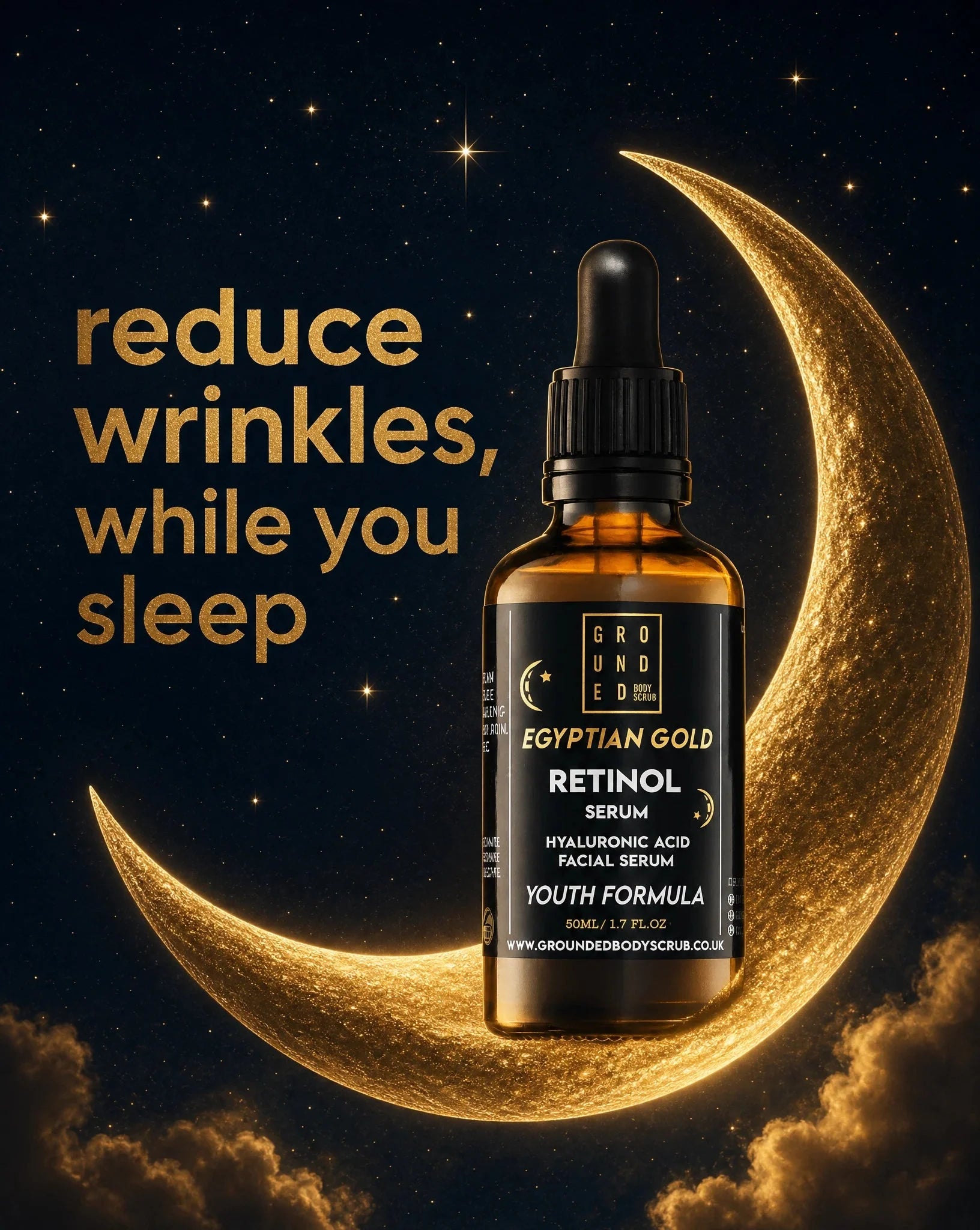 Grounded Beauty Egyptian Gold Retinol Serum with Hyaluronic Acid | 50ml Value Size | Anti Ageing, Fine Lines & Wrinkles.
