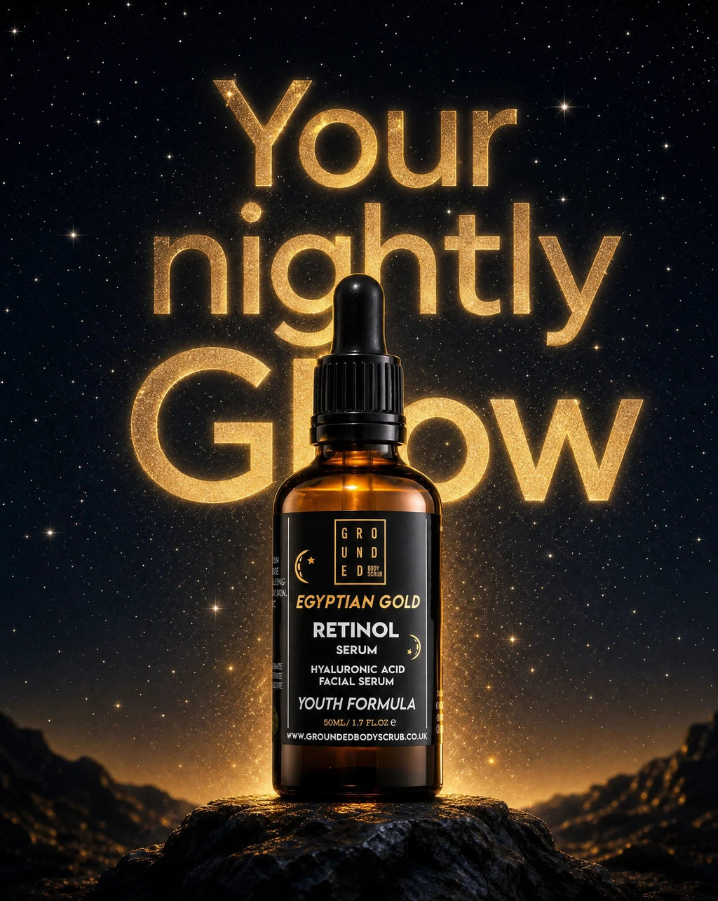 Grounded Beauty Egyptian Gold Retinol Serum with Hyaluronic Acid | 50ml Value Size | Anti Ageing, Fine Lines & Wrinkles.