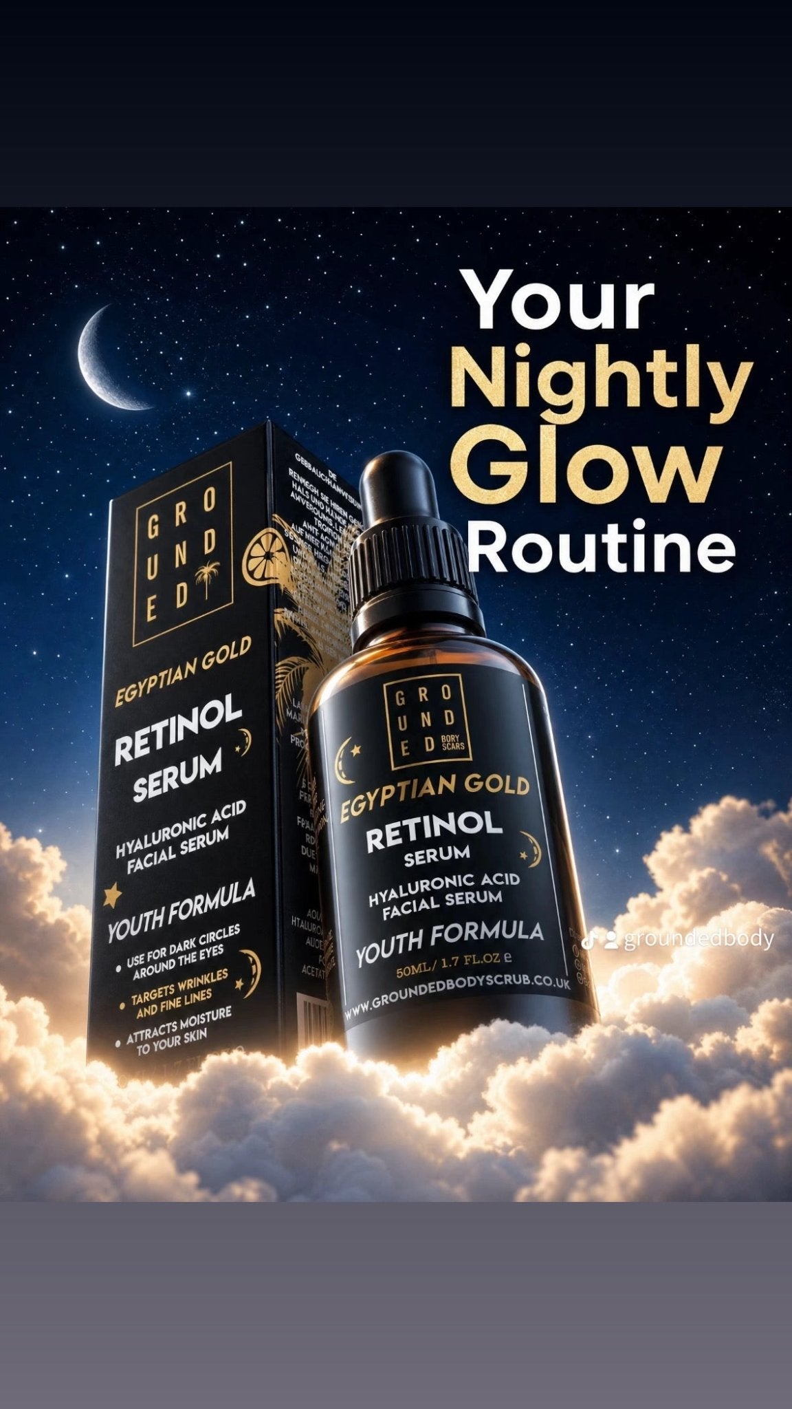 Grounded Beauty Egyptian Gold Retinol Serum with Hyaluronic Acid | 50ml Value Size | Anti Ageing, Fine Lines & Wrinkles.