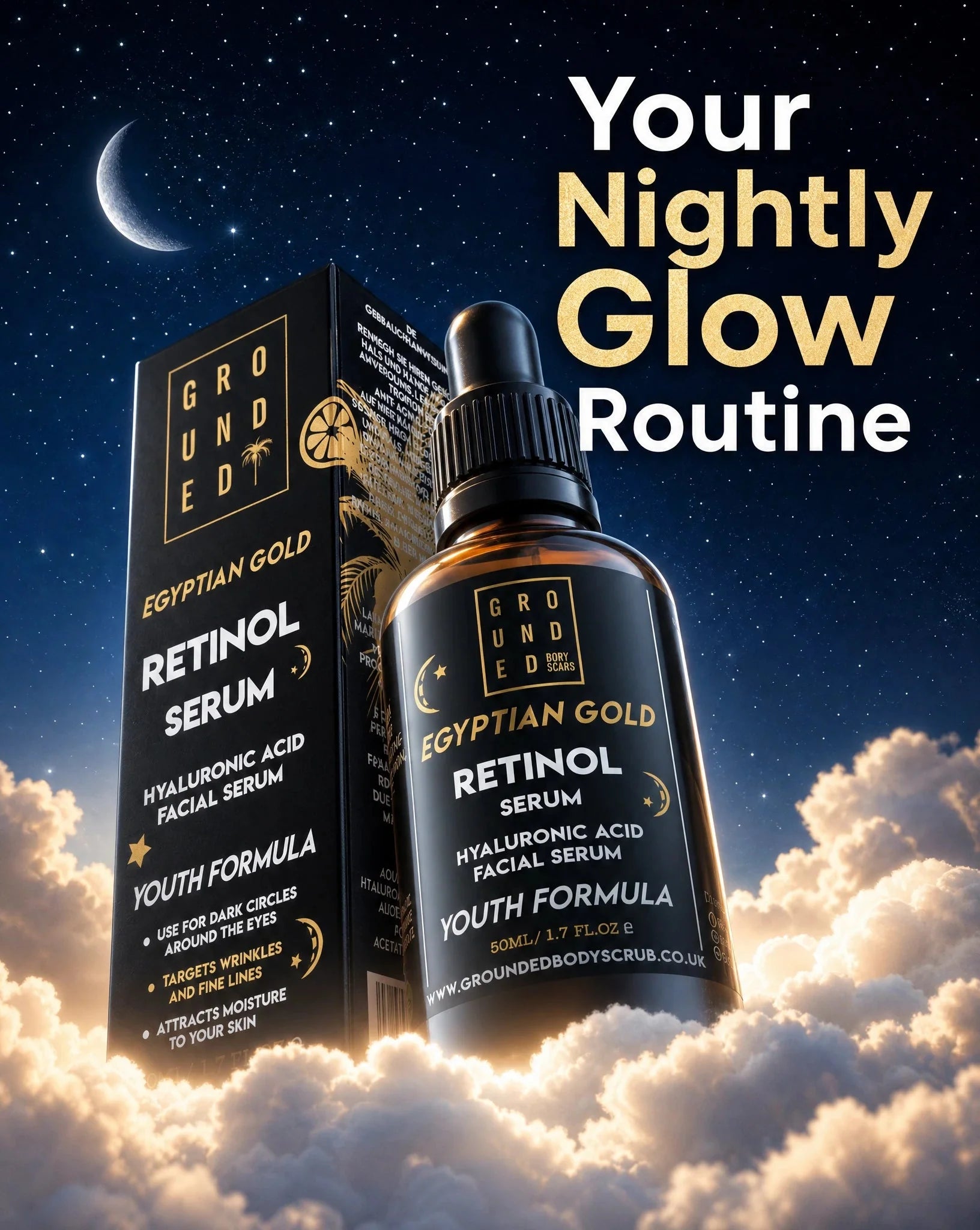 Grounded Beauty Egyptian Gold Retinol Serum with Hyaluronic Acid | 50ml Value Size | Anti Ageing, Fine Lines & Wrinkles.