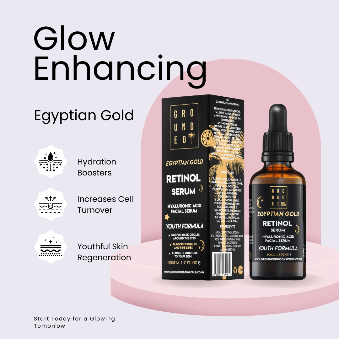 Grounded Beauty Egyptian Gold Retinol Serum with Hyaluronic Acid | 50ml Value Size | Anti Ageing, Fine Lines & Wrinkles.