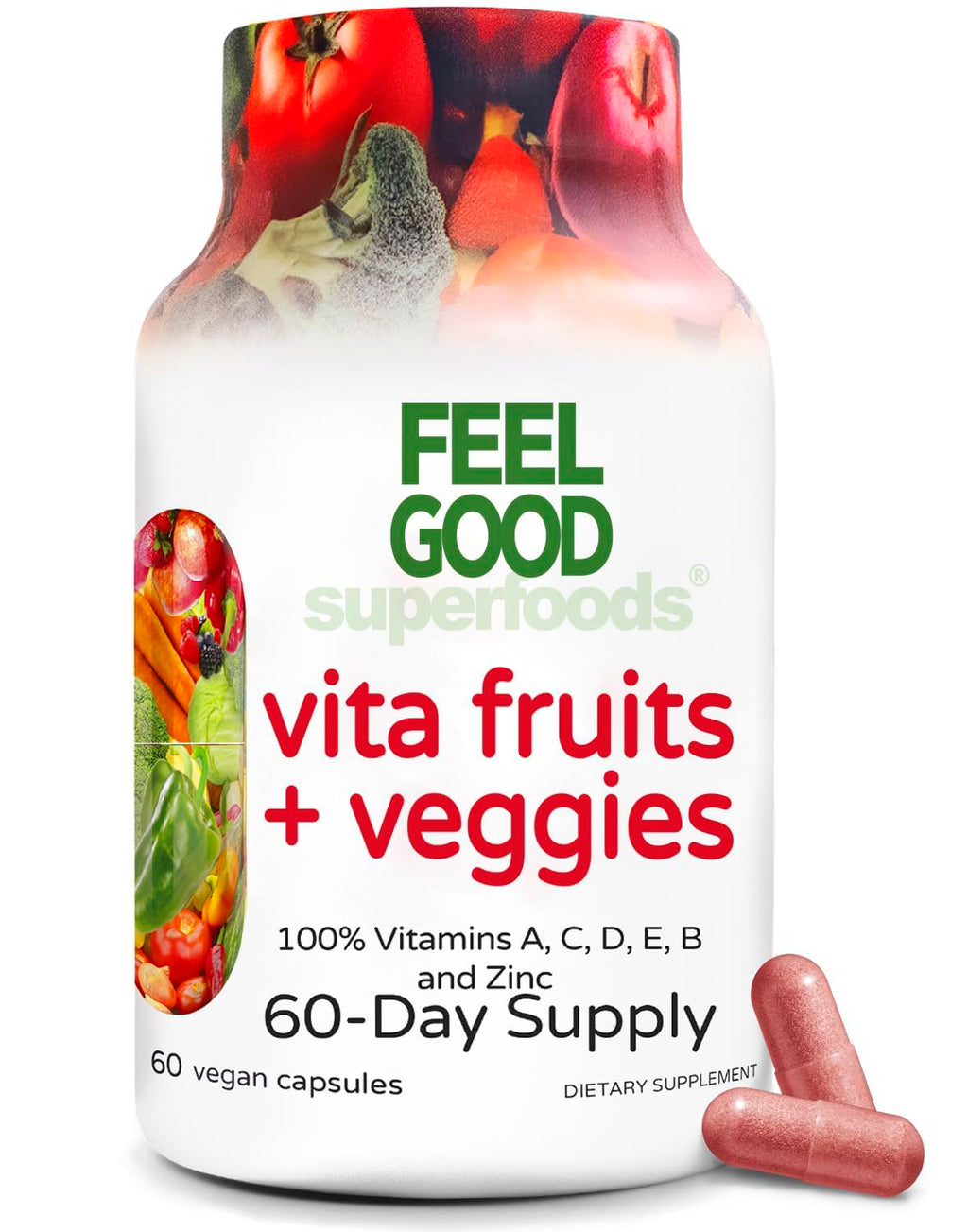 FeelGood Vita Fruits & Veggies Capsules – 25 Superfood Ingredients Multivitamin, 60 Count for Men & Women