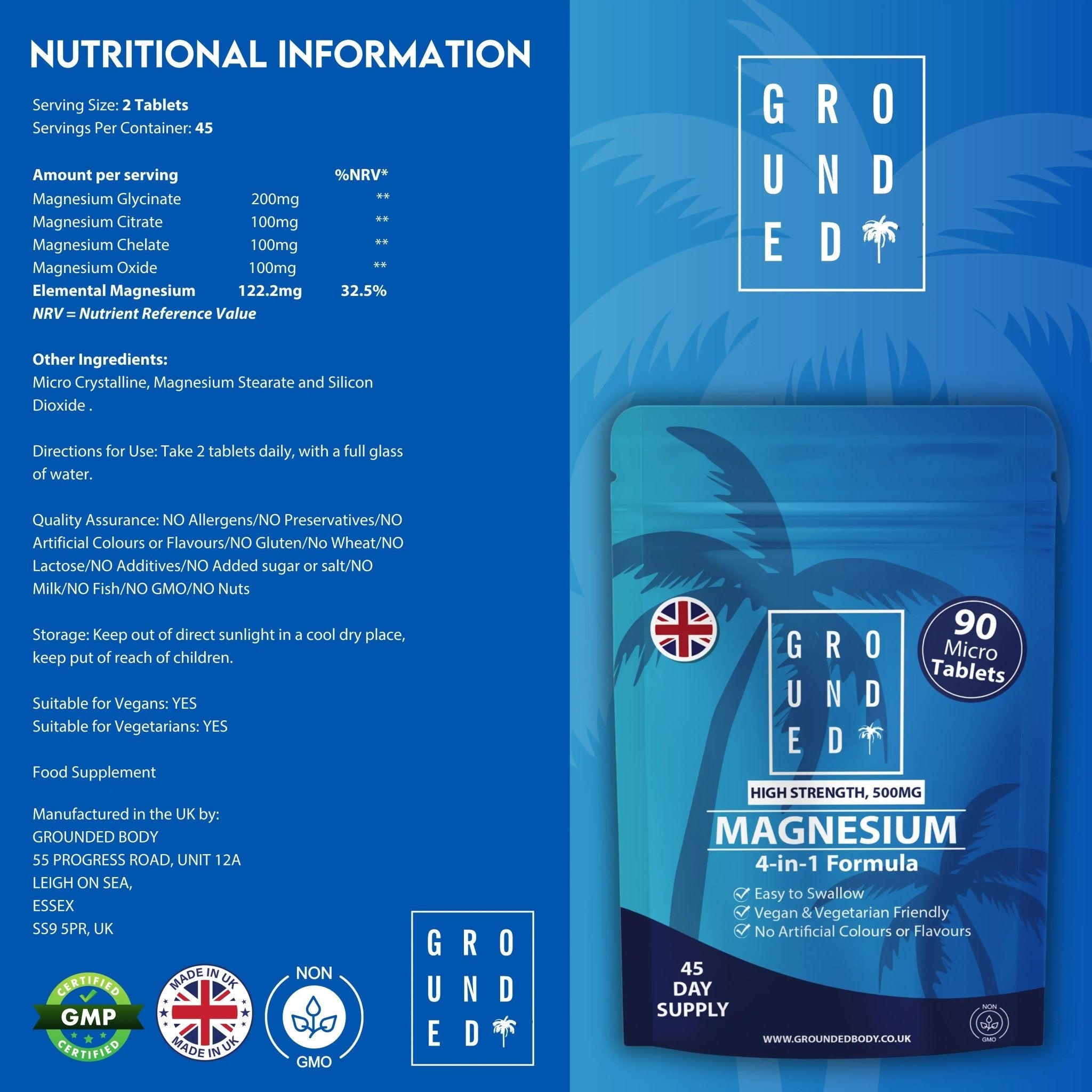 Grounded 4-in-1 Magnesium 500mg Tablets – Comprehensive Support for Mind & Body