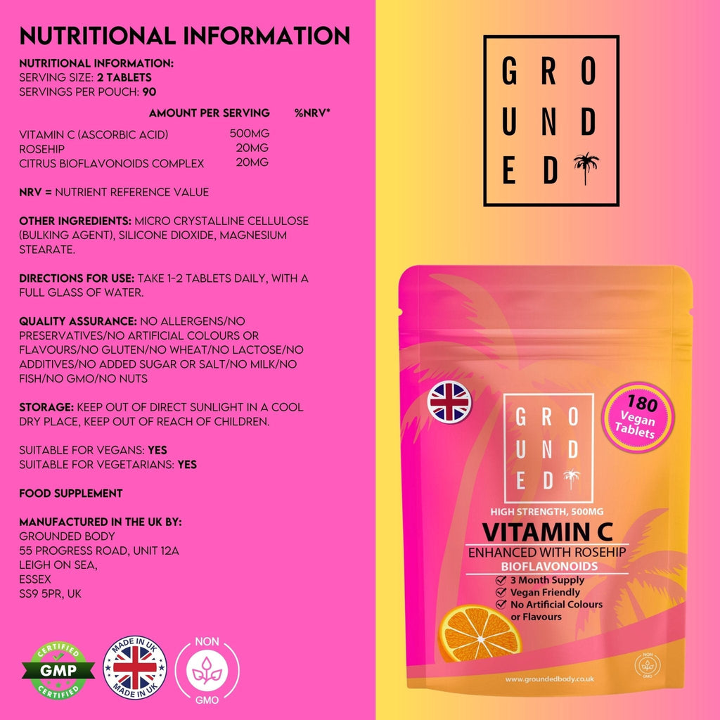 Grounded Vitamin C 500mg with Rosehip & Bioflavonoids – Daily Immune & Skin Support