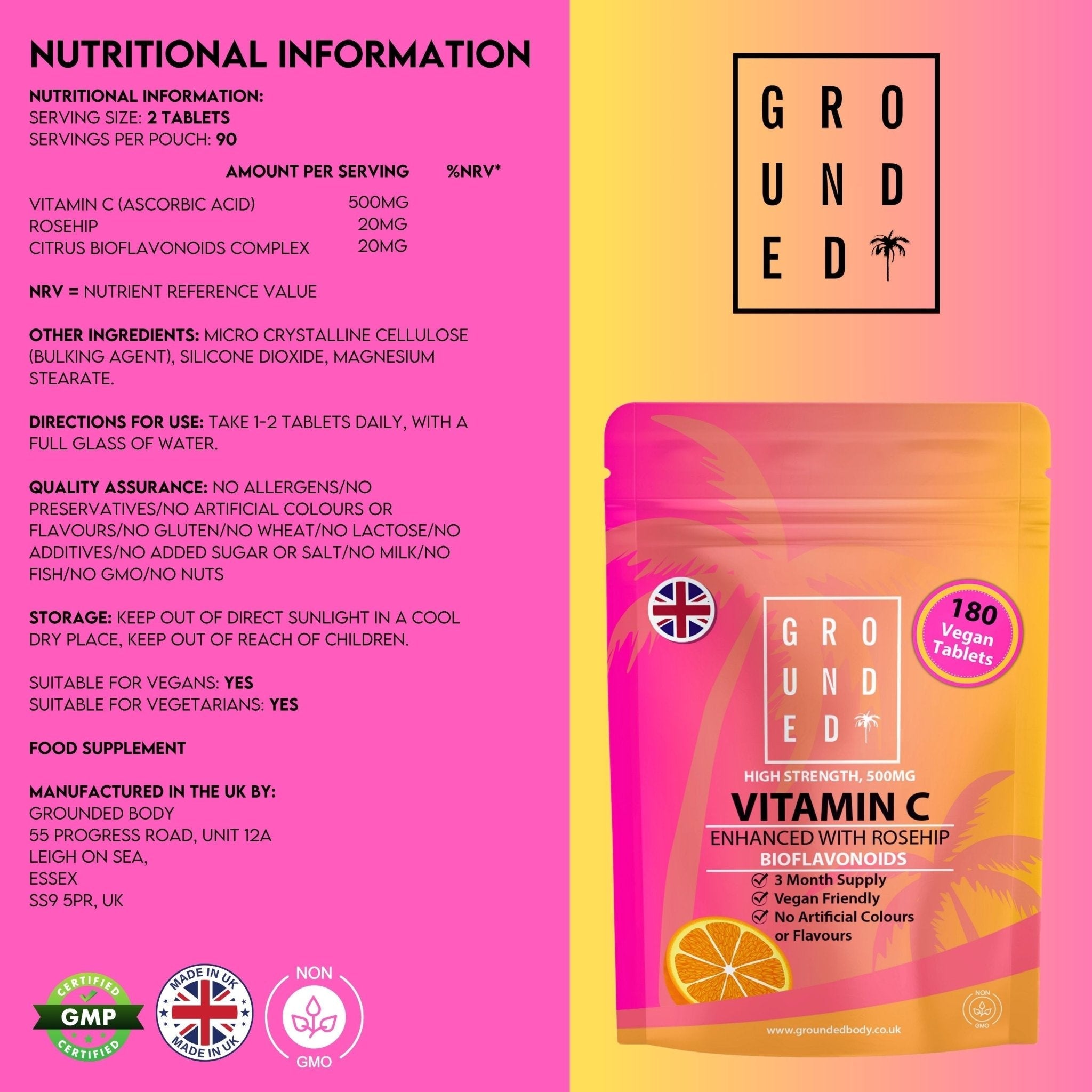 Grounded Vitamin C 500mg with Rosehip & Bioflavonoids – Daily Immune & Skin Support